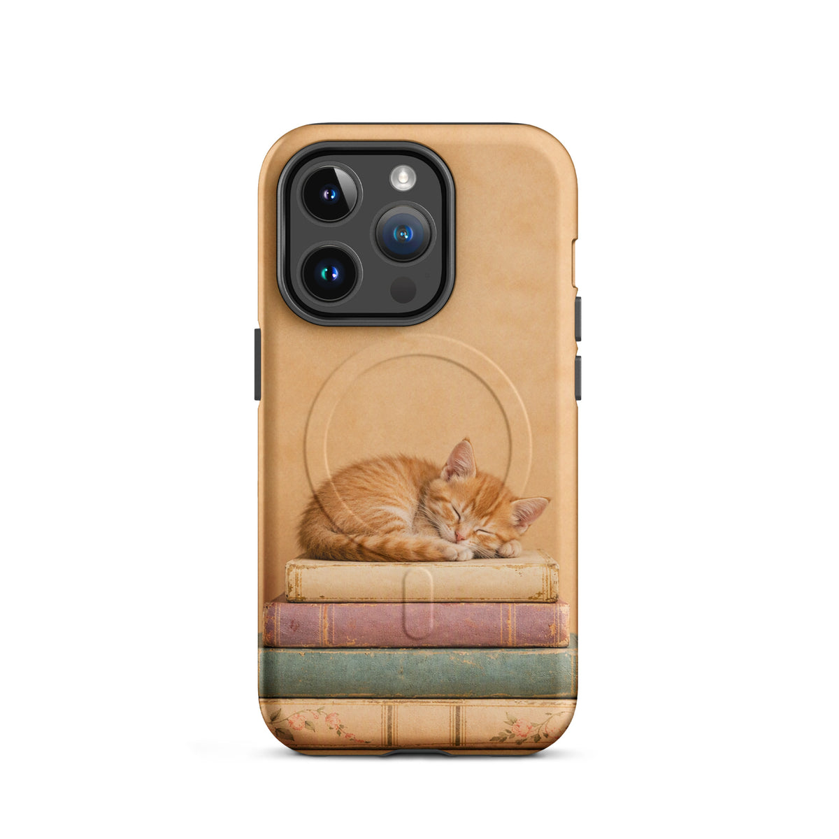 Magnetic Phone Case with orange kitten sleeping on vintage books, cozy design with warm tones and soft details.