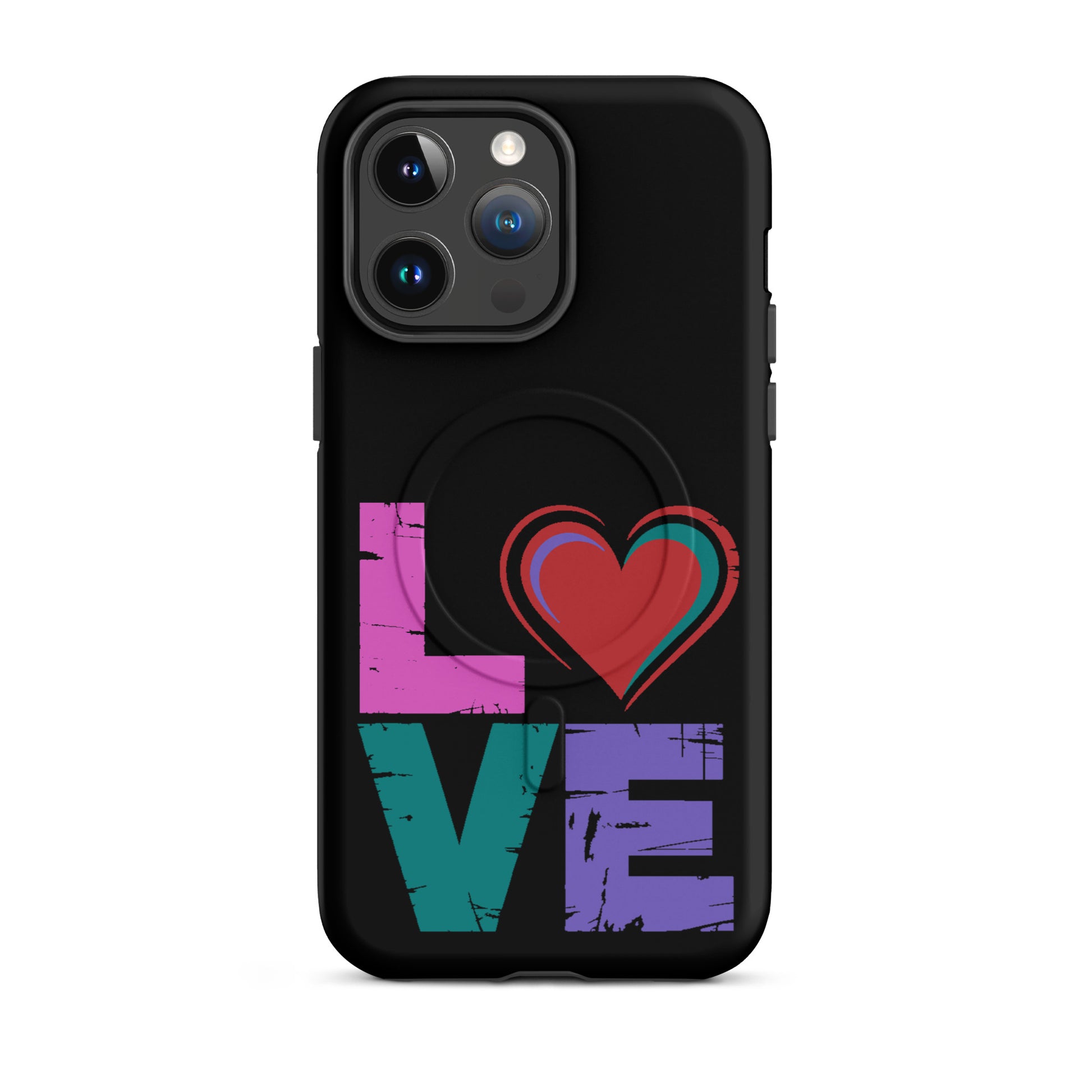 Love Magnetic Dual-Layer Tough Case for iPhone featuring colorful 'LOVE' design and heart graphics.