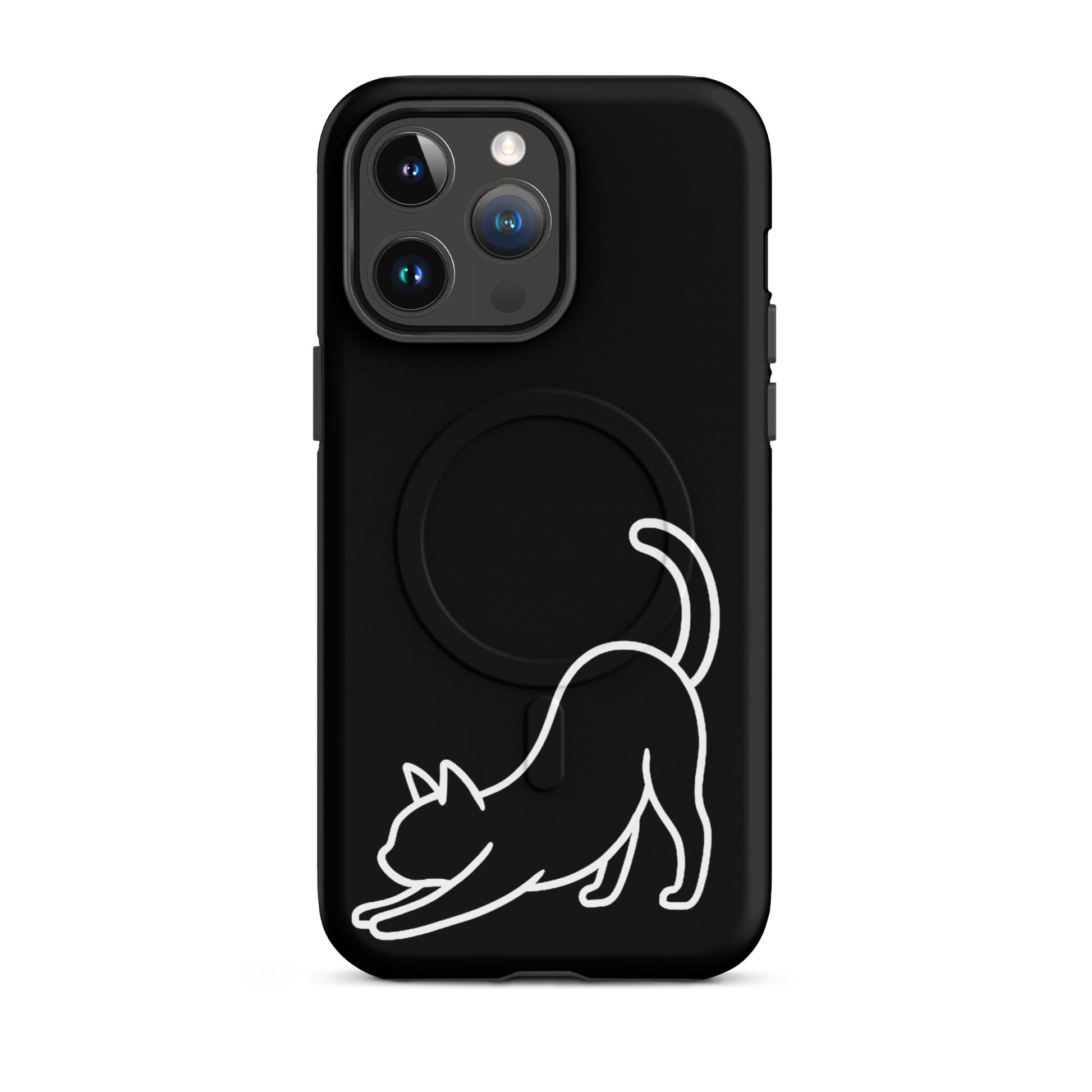 Magnetic Phone Case for iPhone featuring a minimalist stretching cat design on a sleek black background.