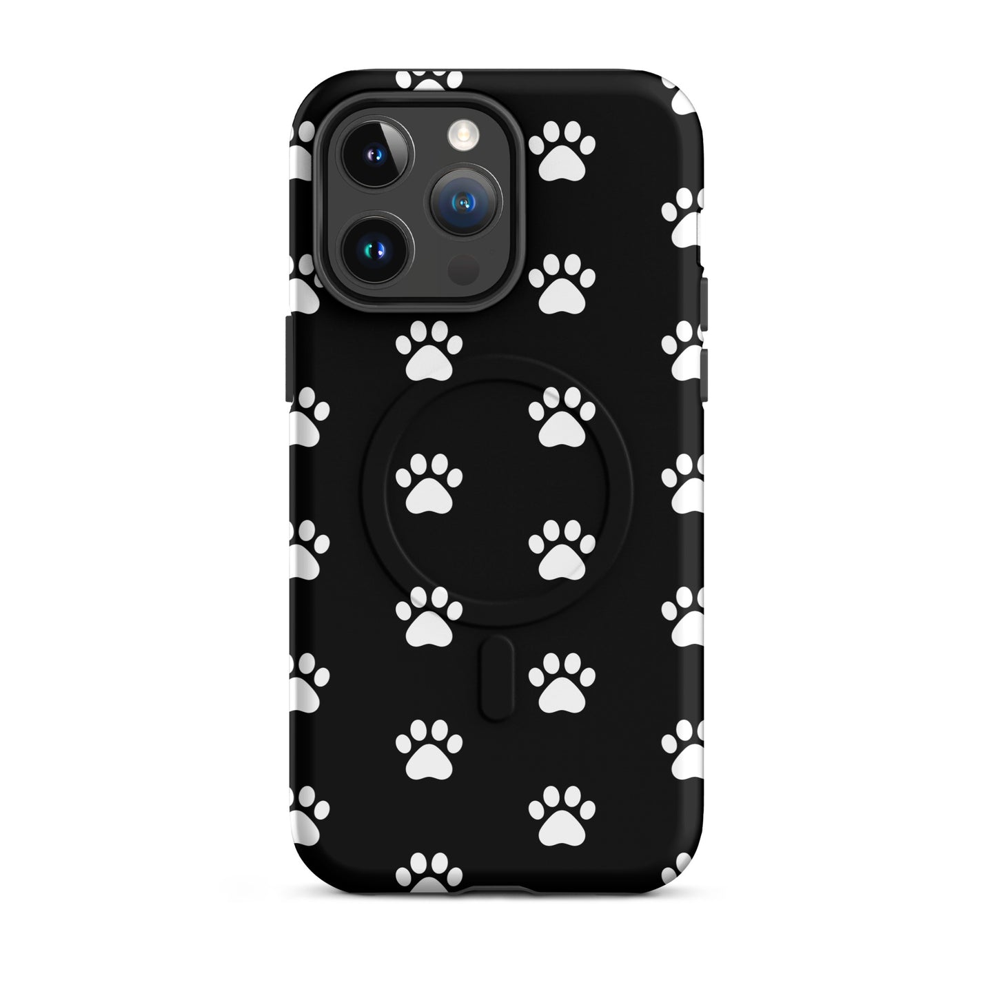 Magnetic Phone Case for iPhone featuring a black background with white paw print design for pet lovers.