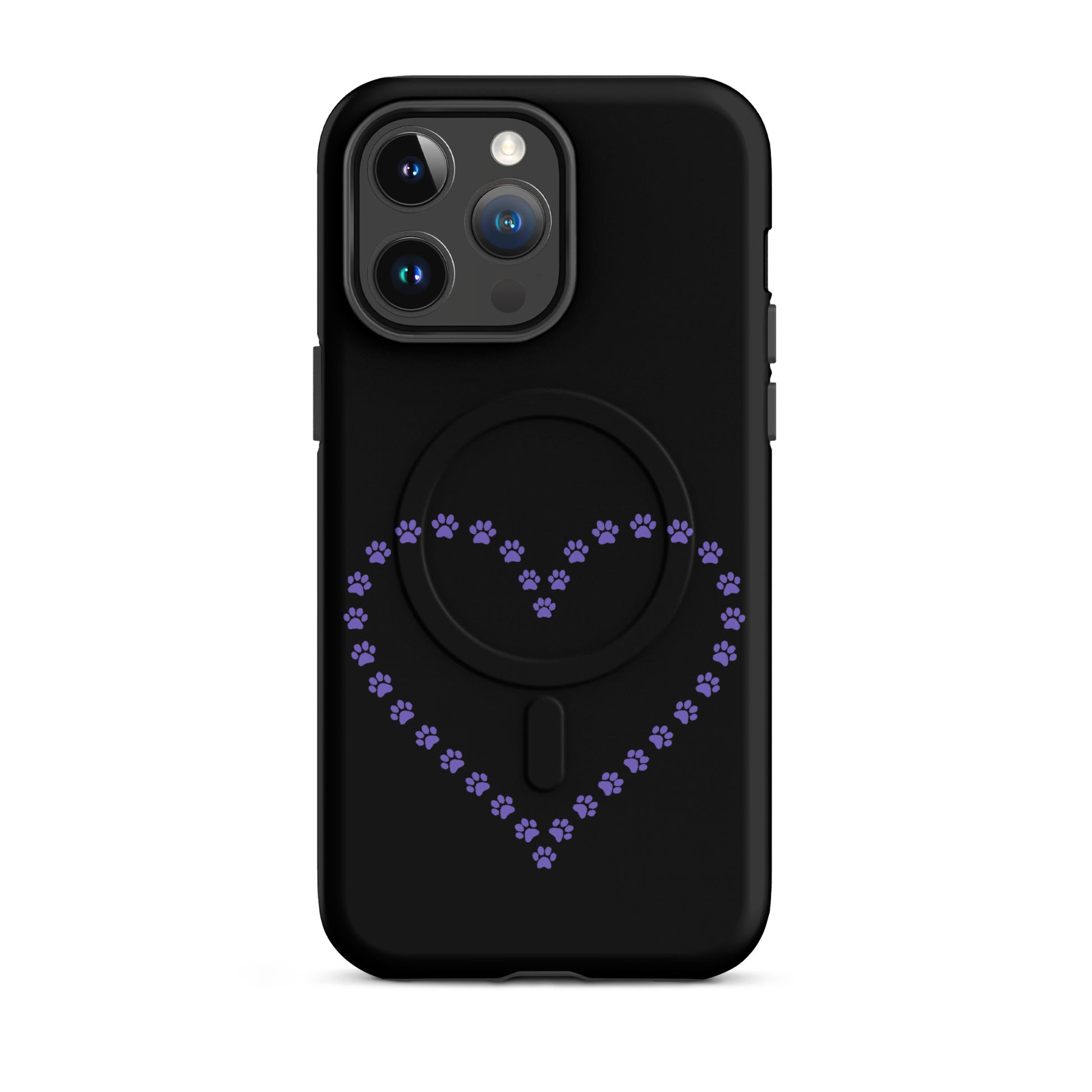 Magnetic Phone Case featuring a heart design made of purple paw prints, perfect for pet lovers.