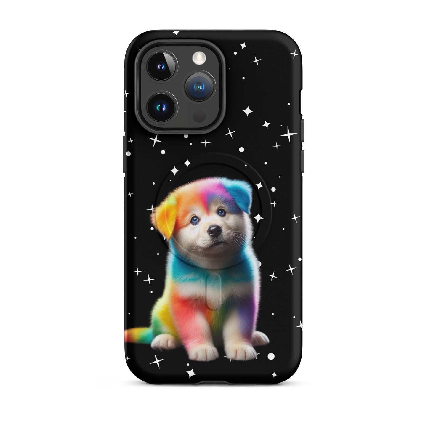 Magnetic Phone Case featuring a colorful rainbow puppy design against a starry night background.