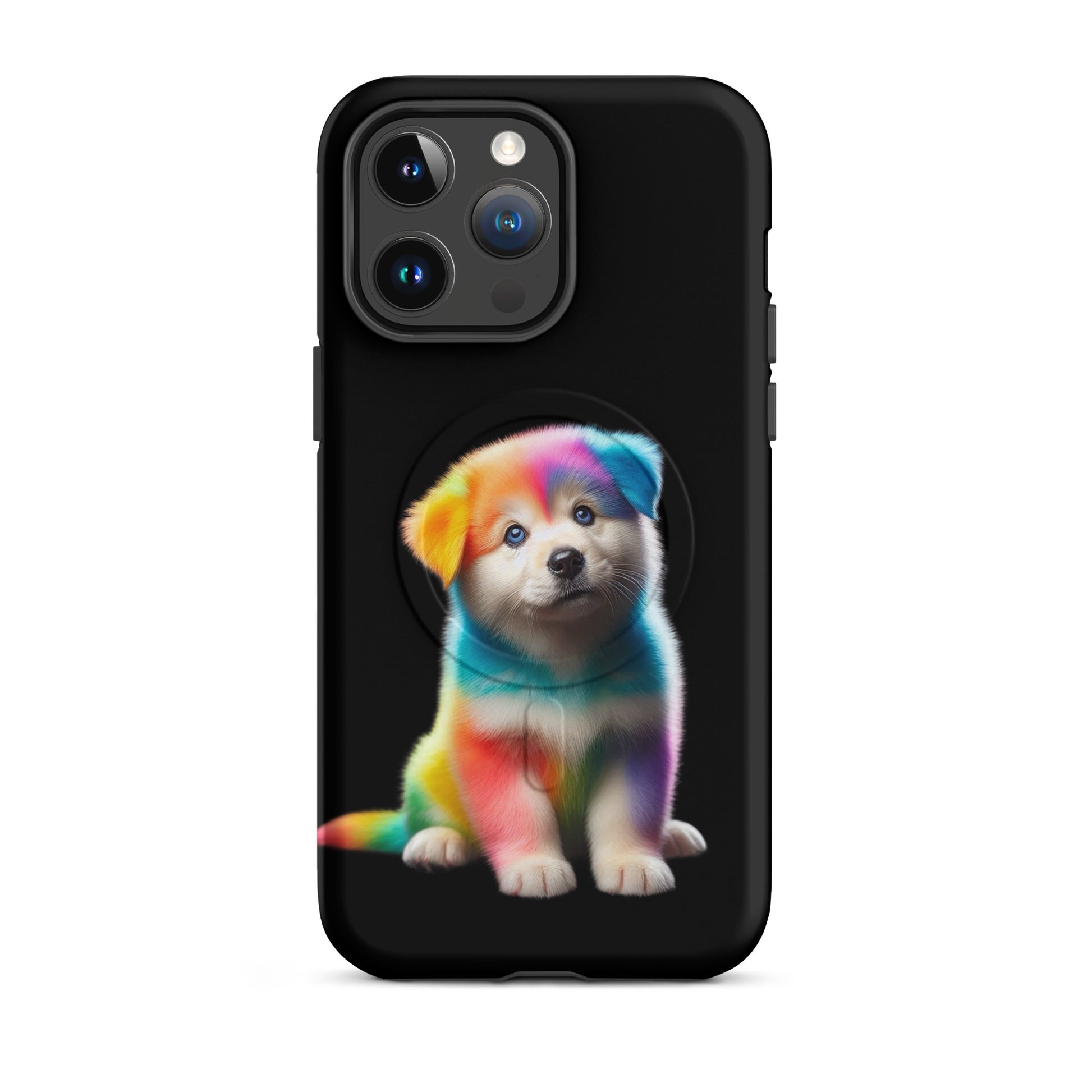Magnetic Phone Case featuring a colorful rainbow puppy design on a black background for iPhone.