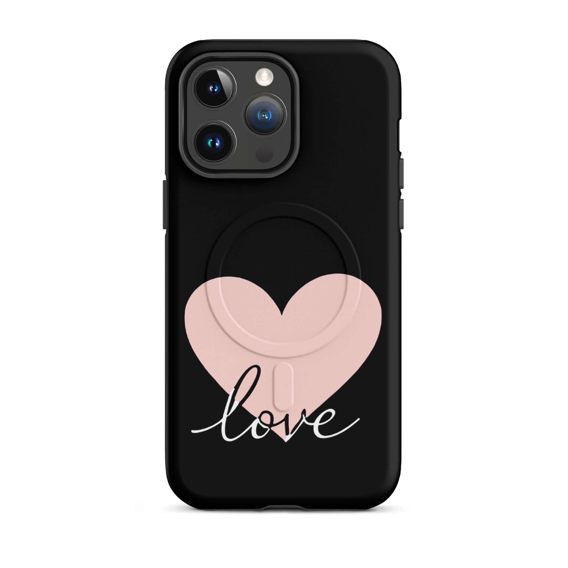 Magnetic Phone Case for iPhone featuring a soft pink heart and script love design, perfect for style and protection.