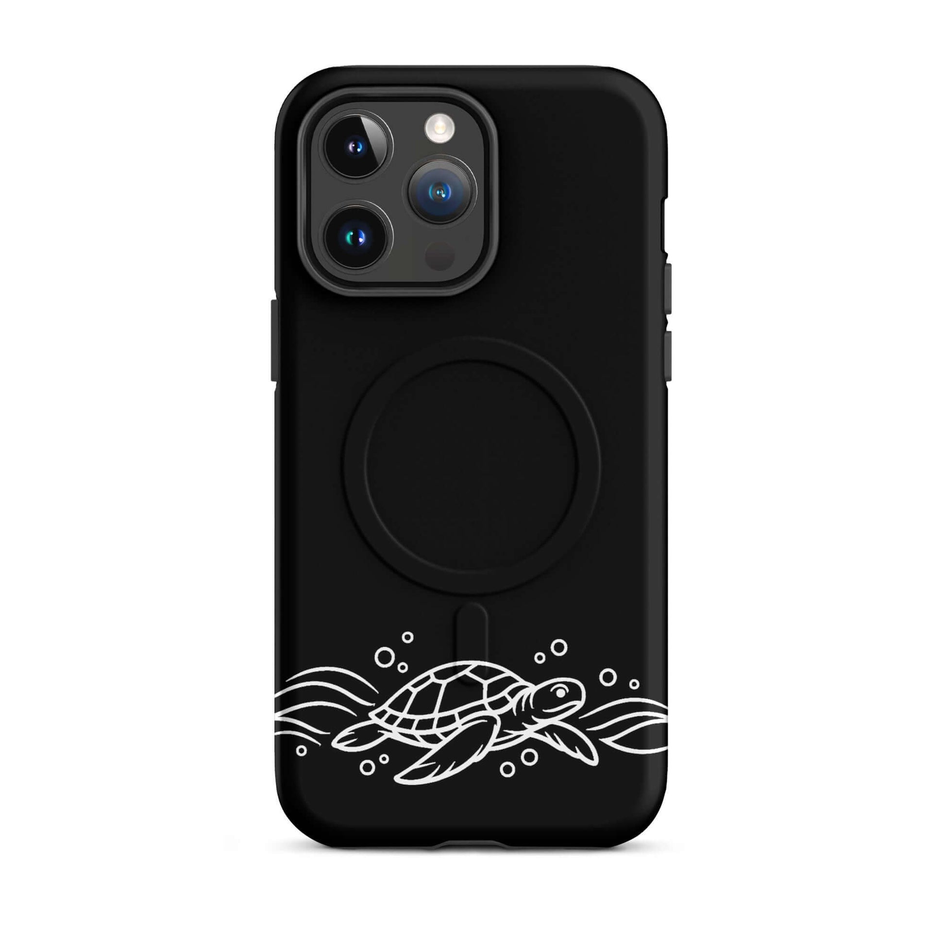 Magnetic Phone Case featuring minimalist sea turtle and waves design on a sleek black background.