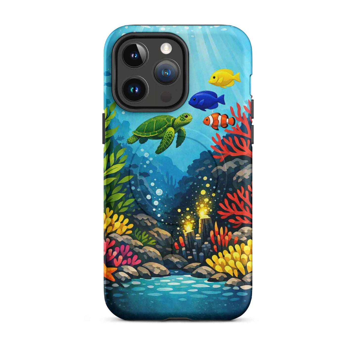 Magnetic Phone Case featuring vibrant sea turtle and coral reef design for protection and style.
