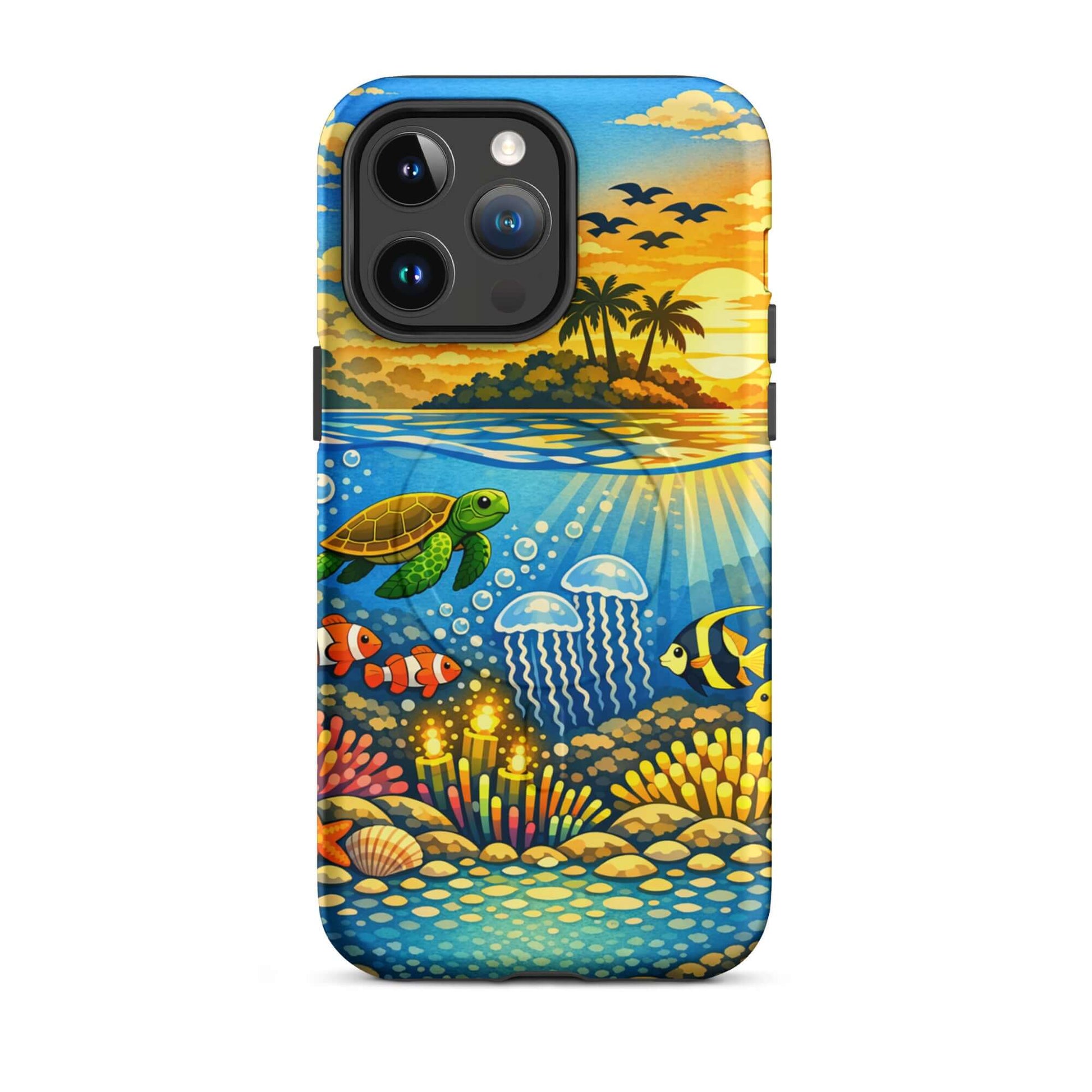 Magnetic Phone Case featuring tropical sunset and underwater reef with sea turtles and colorful fish.