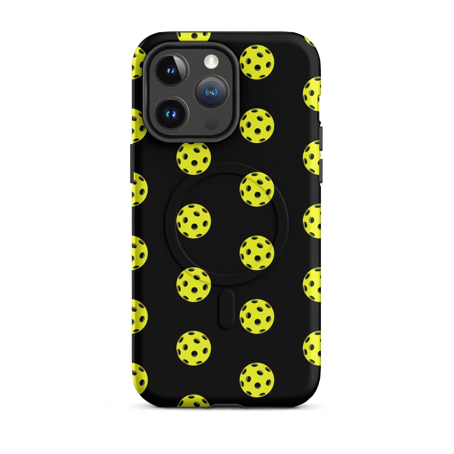 Magnetic Phone Case featuring a vibrant pickleball pattern on a black background, ideal for sporty style lovers.
