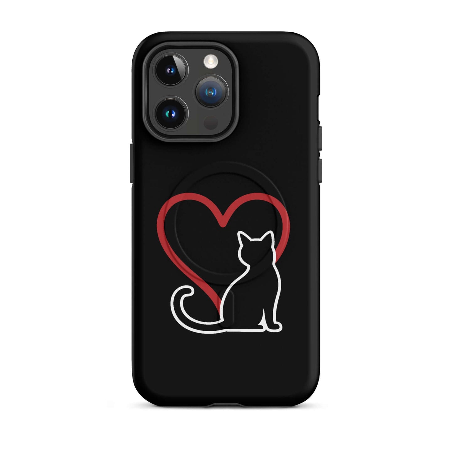 Magnetic Phone Case featuring a minimalist design of a black cat beside a red heart on a sleek black background.