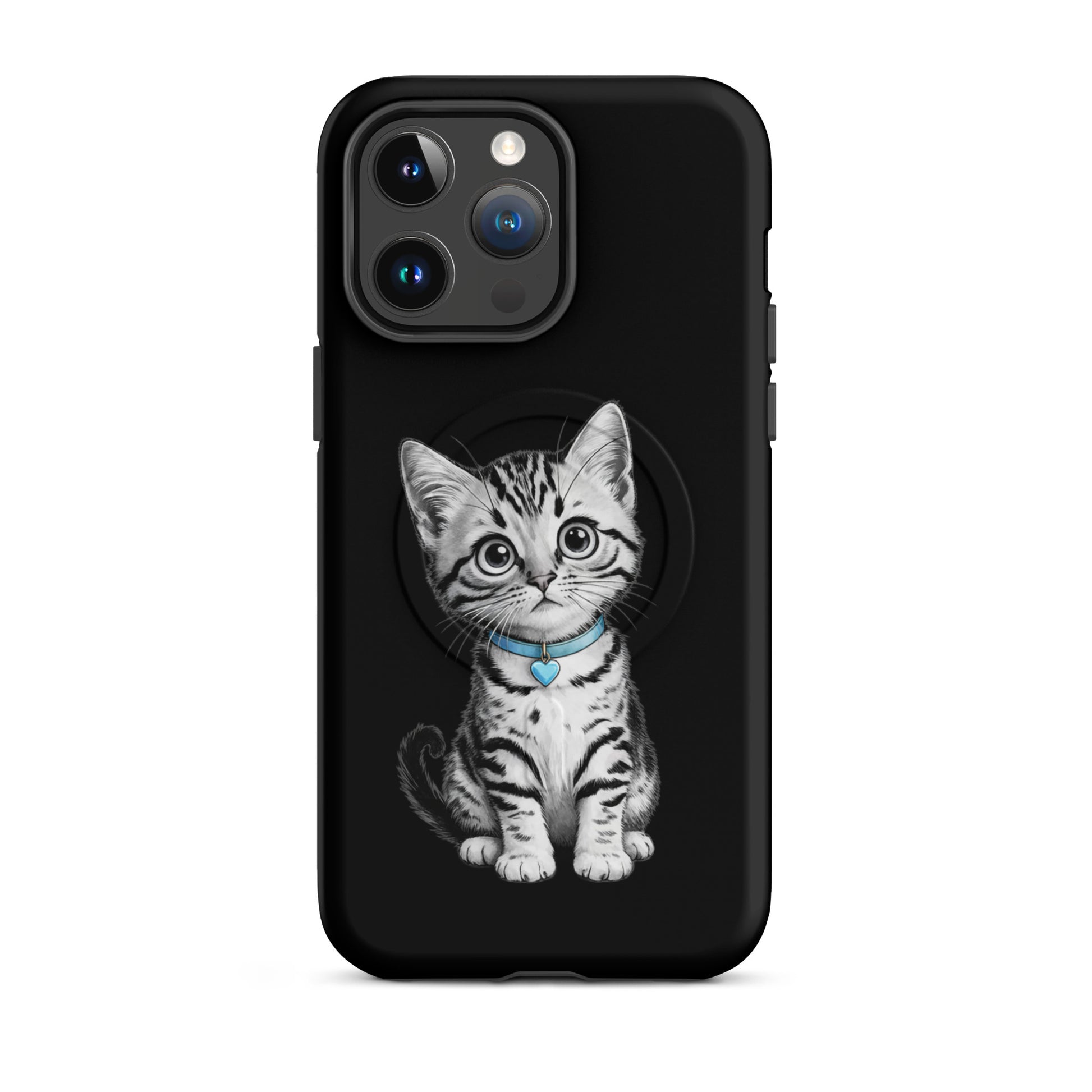 Magnetic Phone Case featuring pencil-sketch kitten with blue collar and heart charm in black-and-white detail for iPhone.