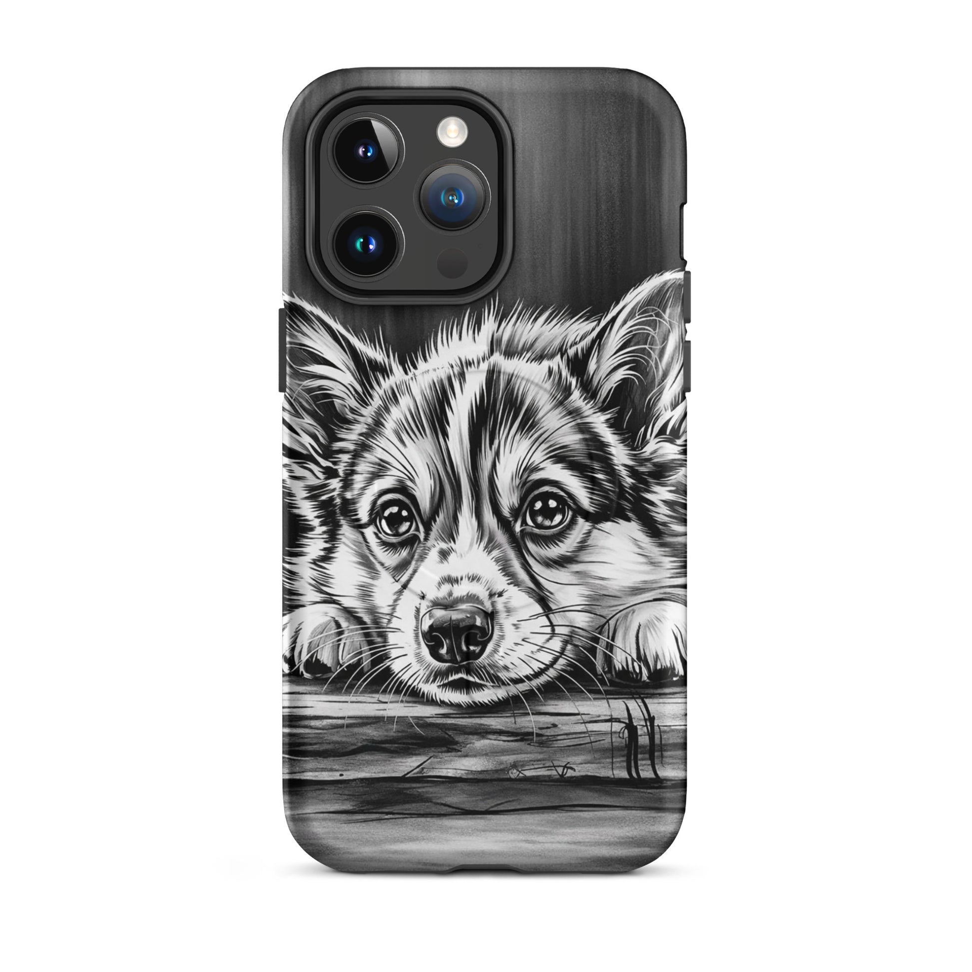 Magnetic Phone Case with elegant puppy art illustration in black-and-white, offering a stylish and protective design for iPhone.