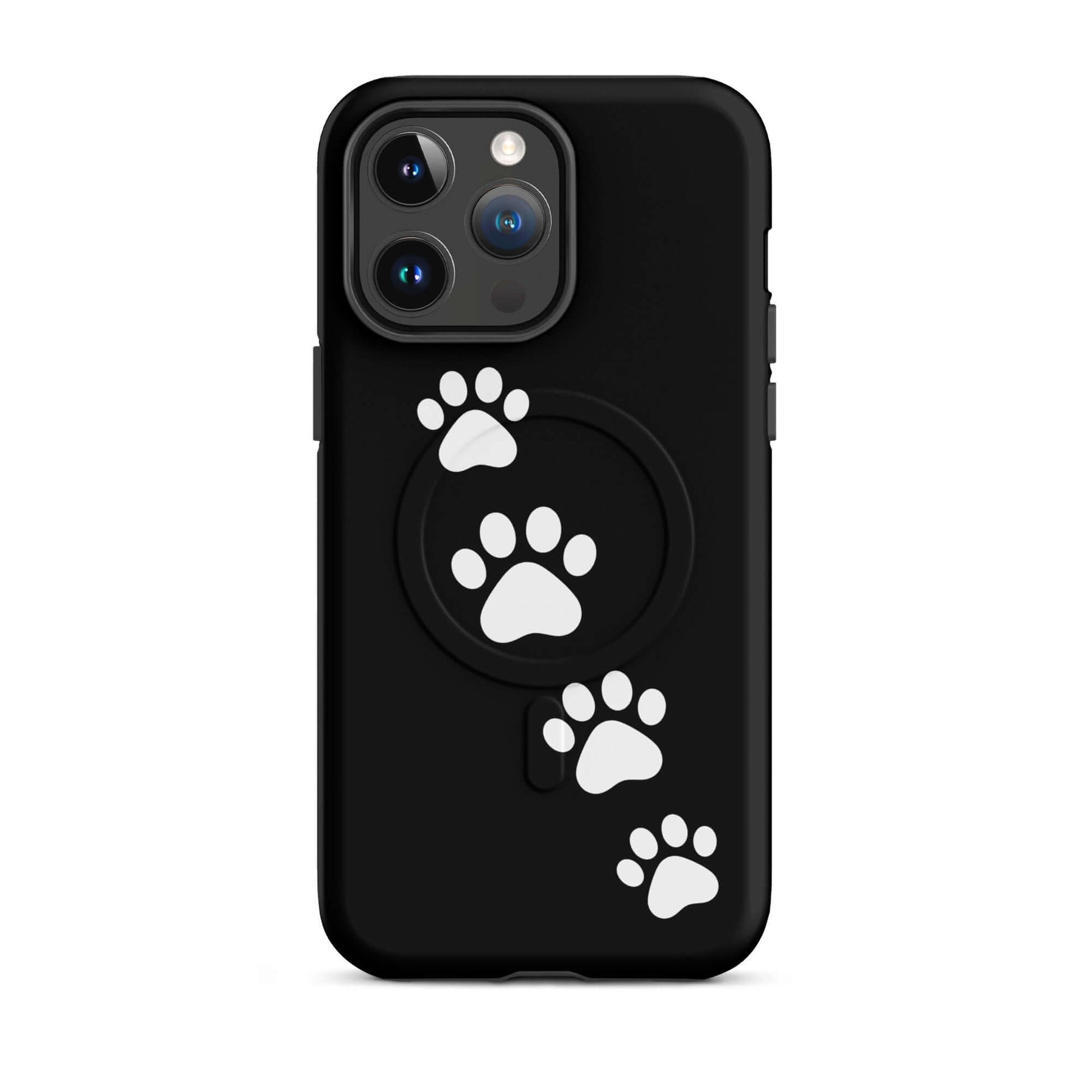 Magnetic Phone Case for iPhone with white paw-print trail on sleek black background, perfect for pet lovers.