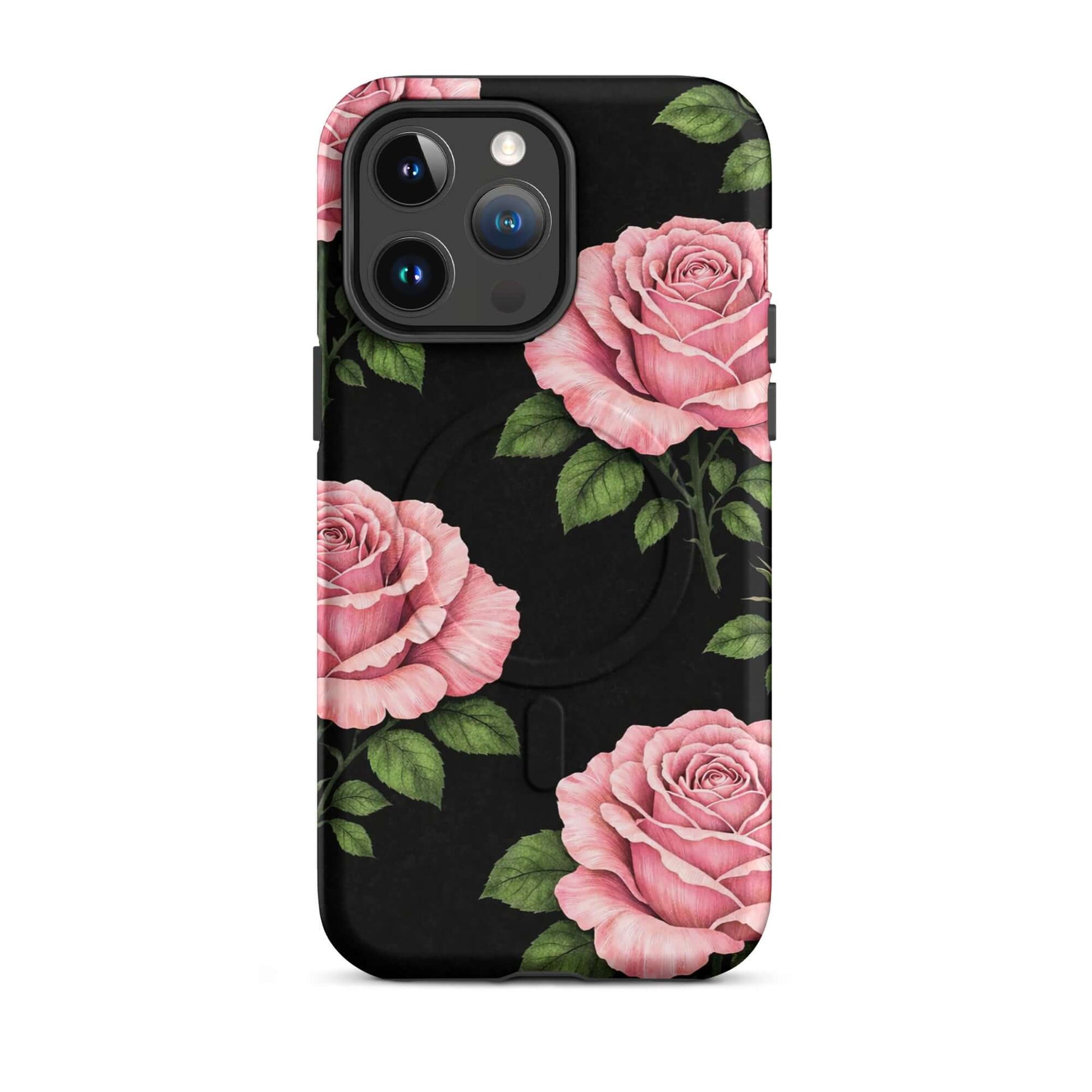 Magnetic Phone Case for iPhone with pink roses and green leaves on black background.