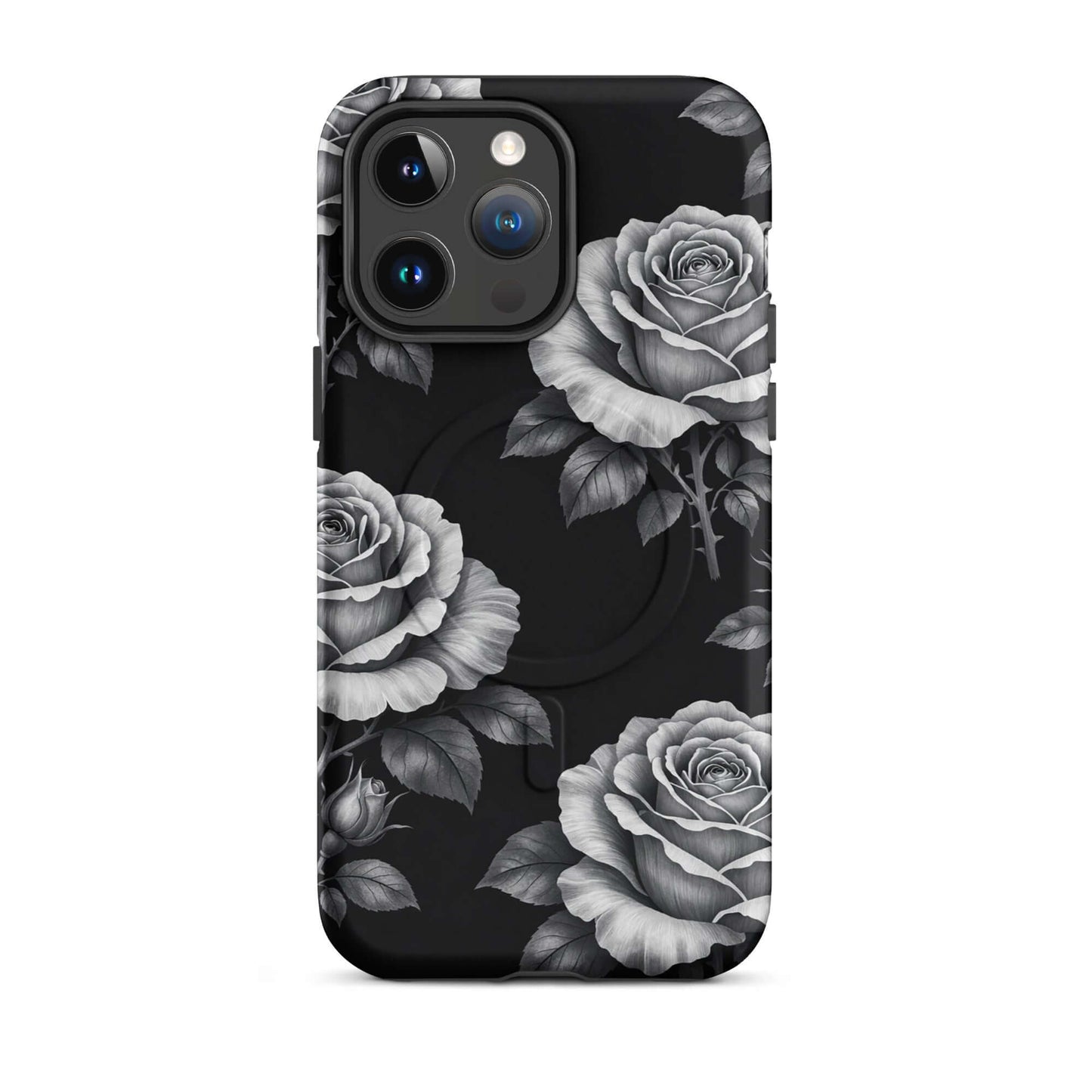 Magnetic Phone Case with rose garden design for iPhone featuring sketched roses on black background.