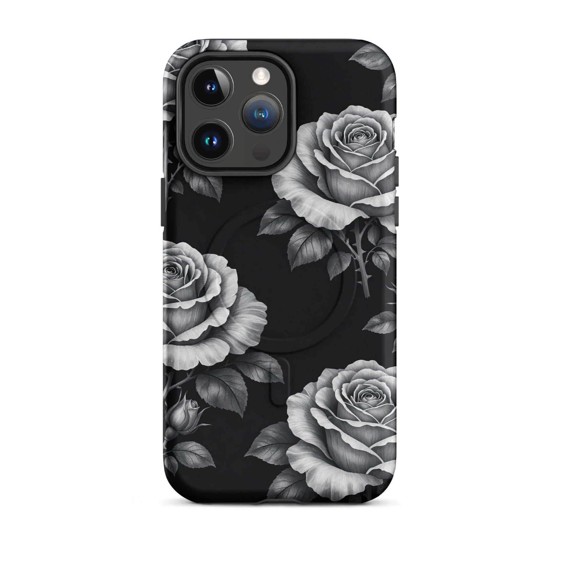 Magnetic Phone Case with rose garden design for iPhone featuring sketched roses on black background.