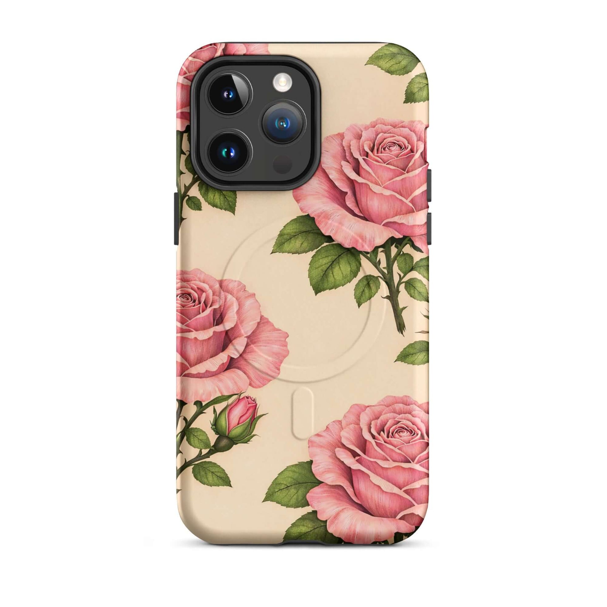 Magnetic Phone Case with pink roses on cream background, elegant floral design for iPhone protection