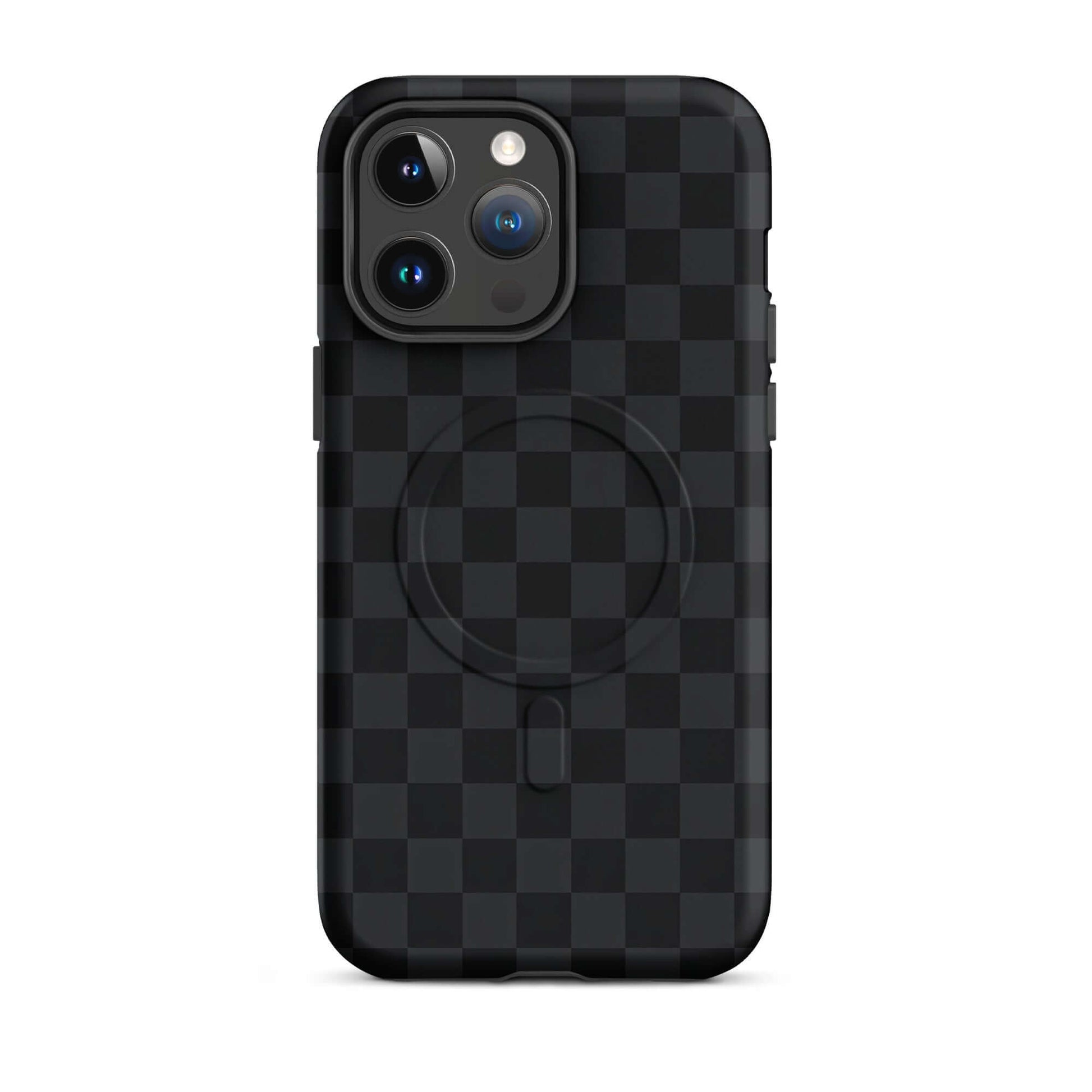 Magnetic Phone Case with black and charcoal checkered design for iPhone, sleek and stylish protection.