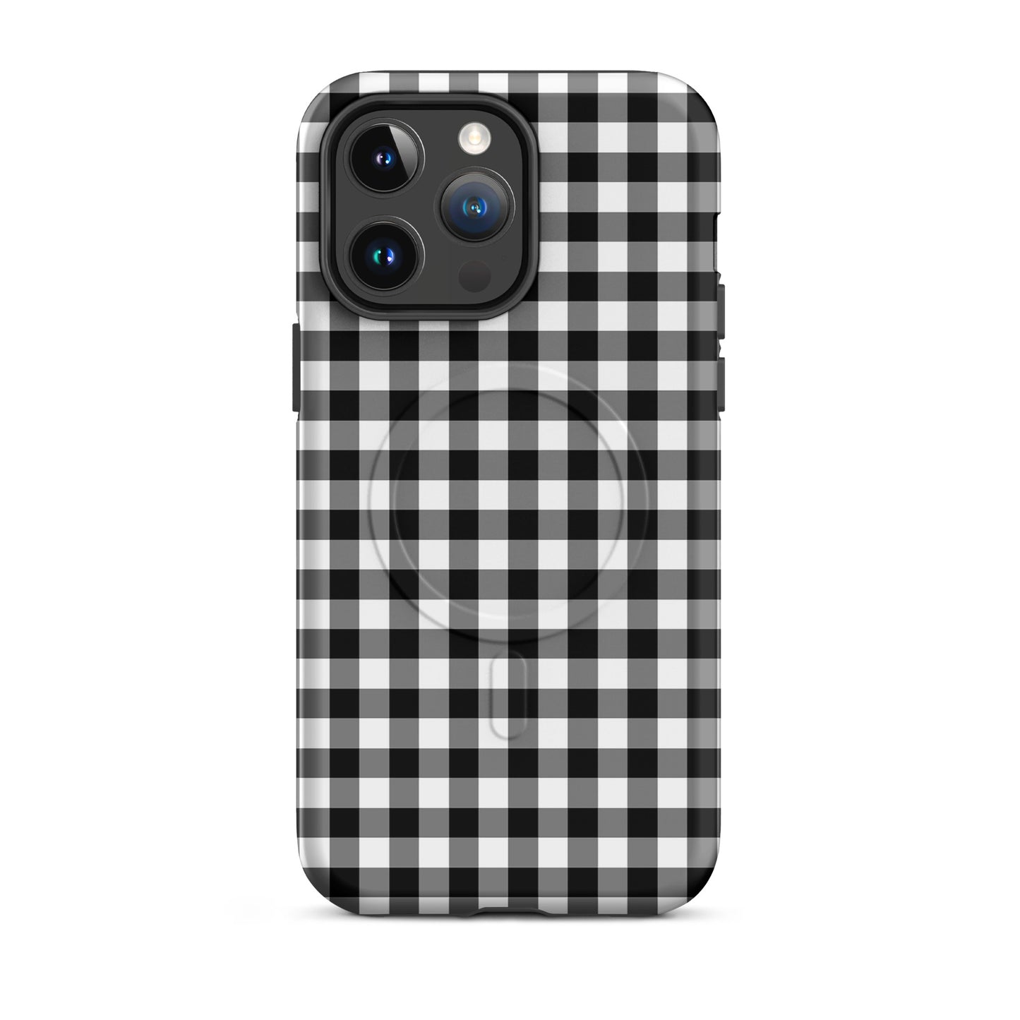 Magnetic Phone Case with black-and-white gingham pattern for iPhone, providing style and protection.