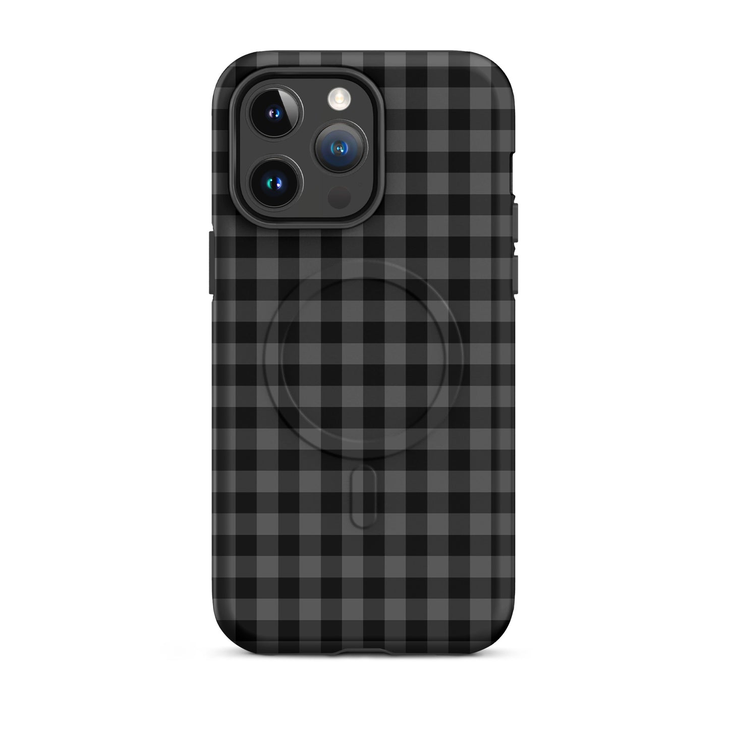 Magnetic Phone Case with gingham pattern for iPhone, featuring modern design and protection in black and charcoal.