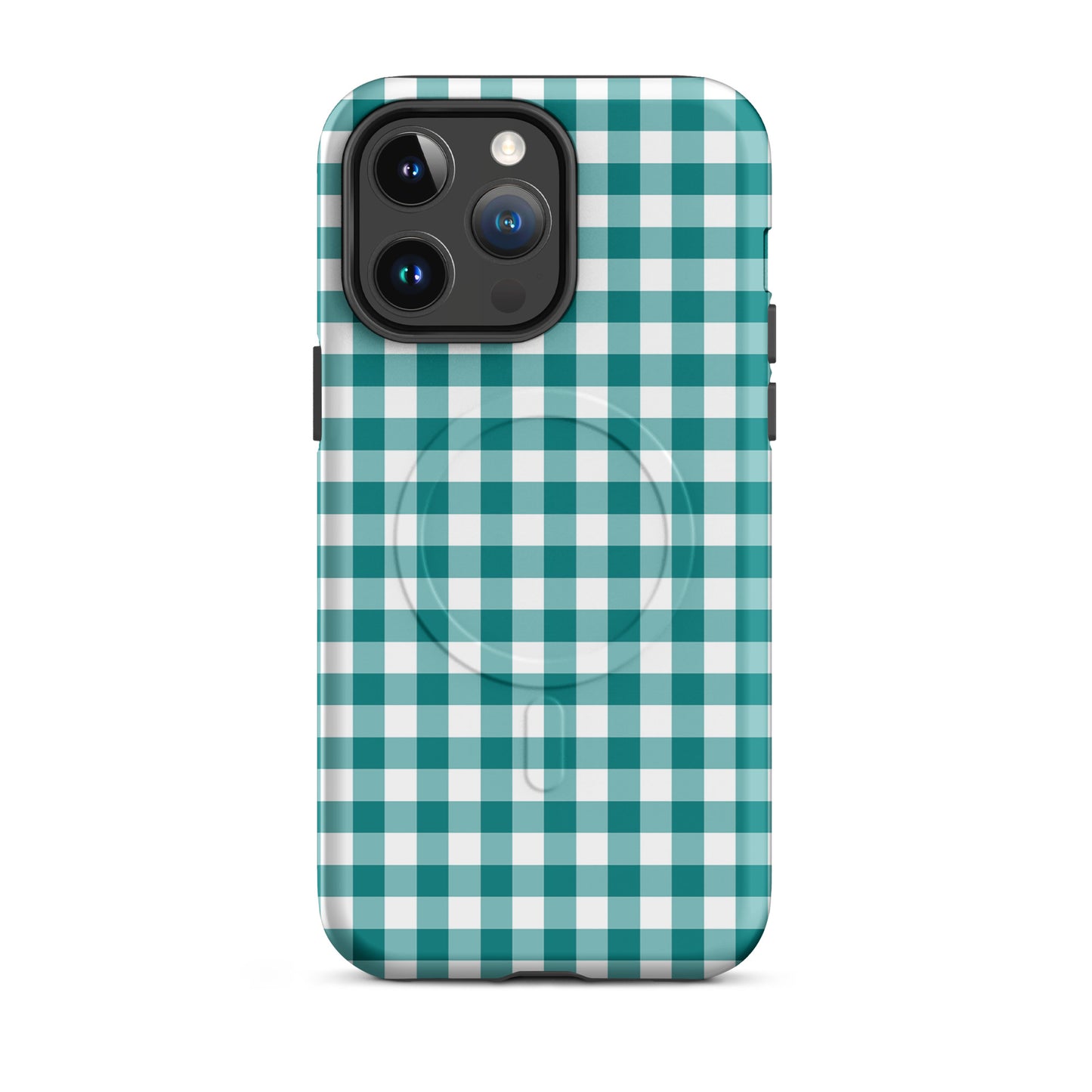 Magnetic Phone Case with teal-and-white gingham pattern for iPhone, stylish and durable design, adds charm and protection.