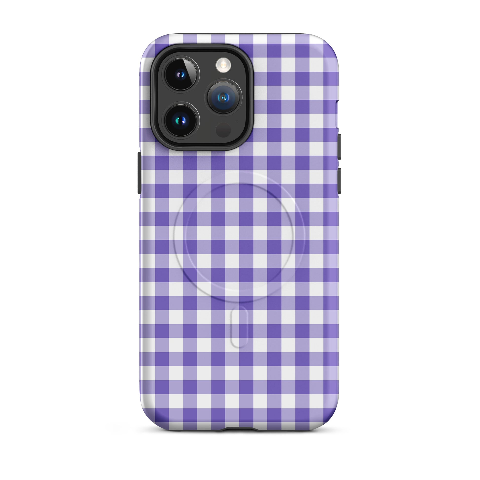 Magnetic Phone Case with purple-and-white gingham pattern for iPhone, combines style and protection.