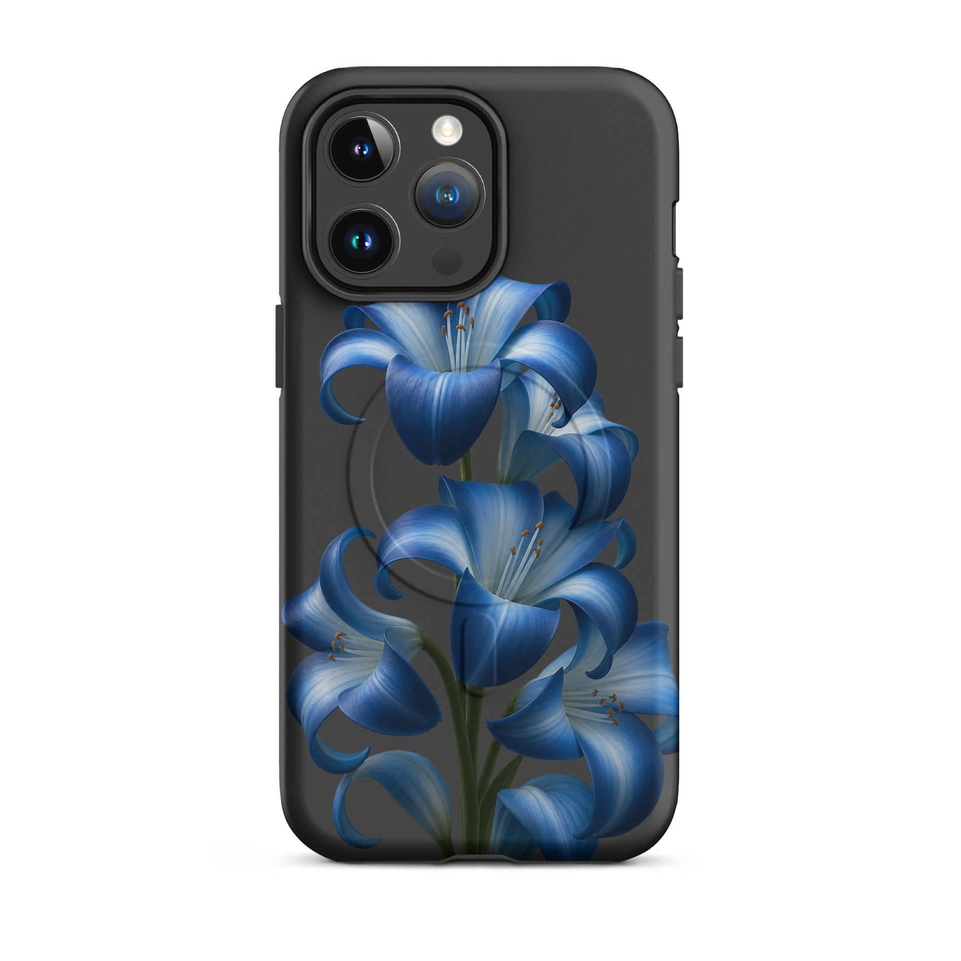 Magnetic Phone Case for iPhone with blue lily bloom design, featuring dual-layer protection and stylish floral pattern.