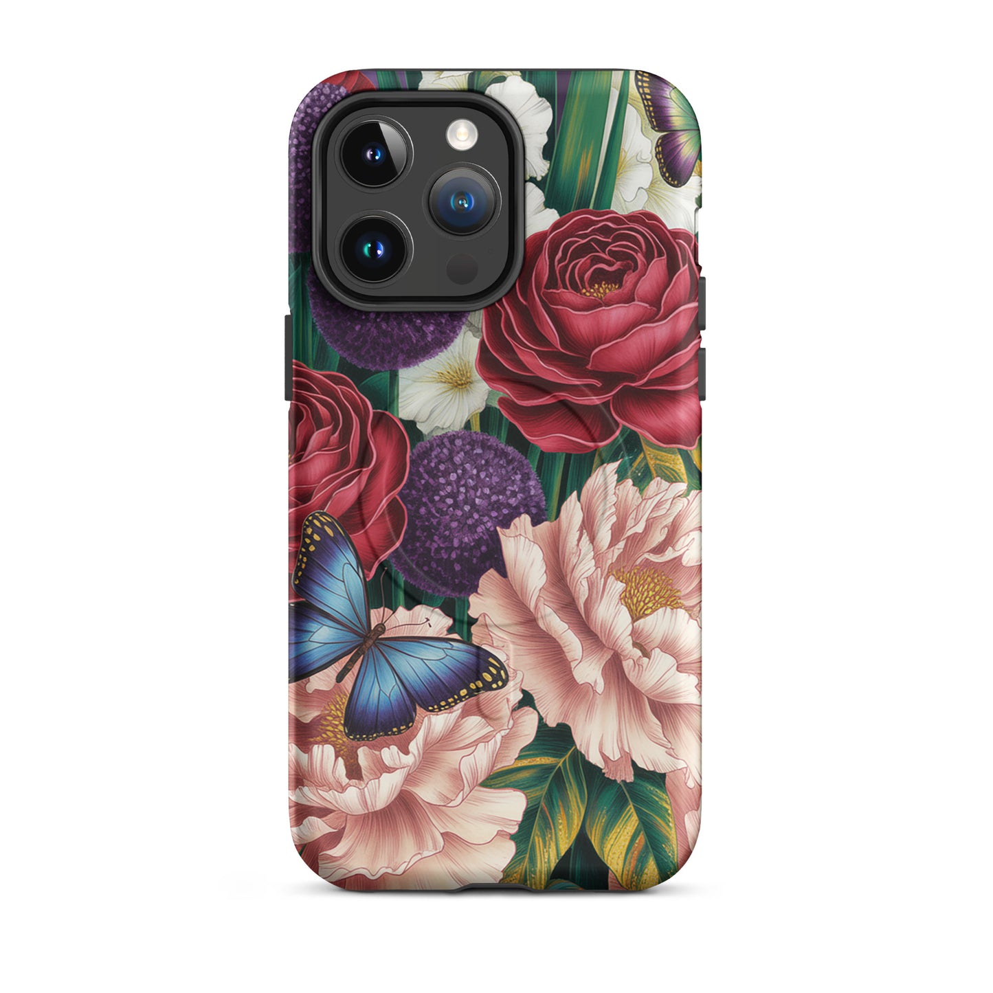 Magnetic Phone Case with botanical garden design featuring crimson roses, pink peonies, purple alliums, and butterflies.