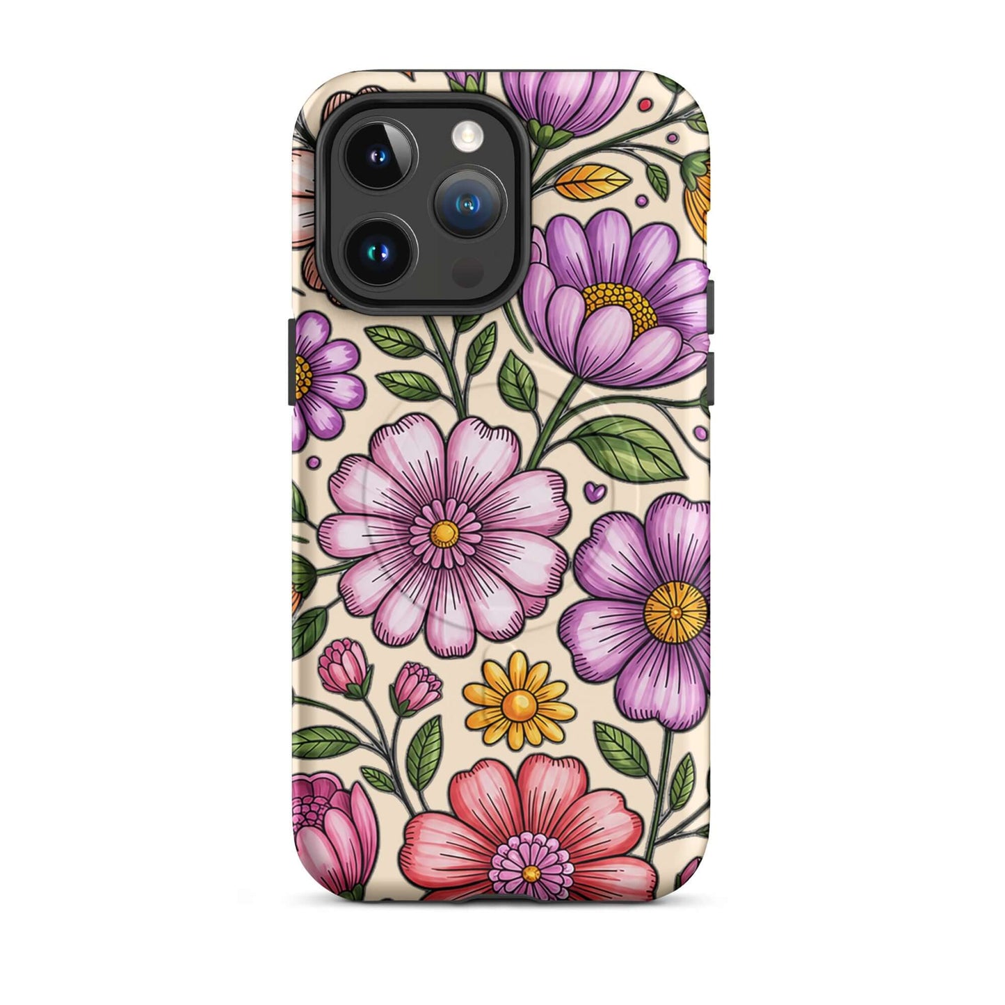 Magnetic Phone Case with pastel floral design featuring cheerful pink and purple blooms, ideal for impact resistance and everyday elegance.