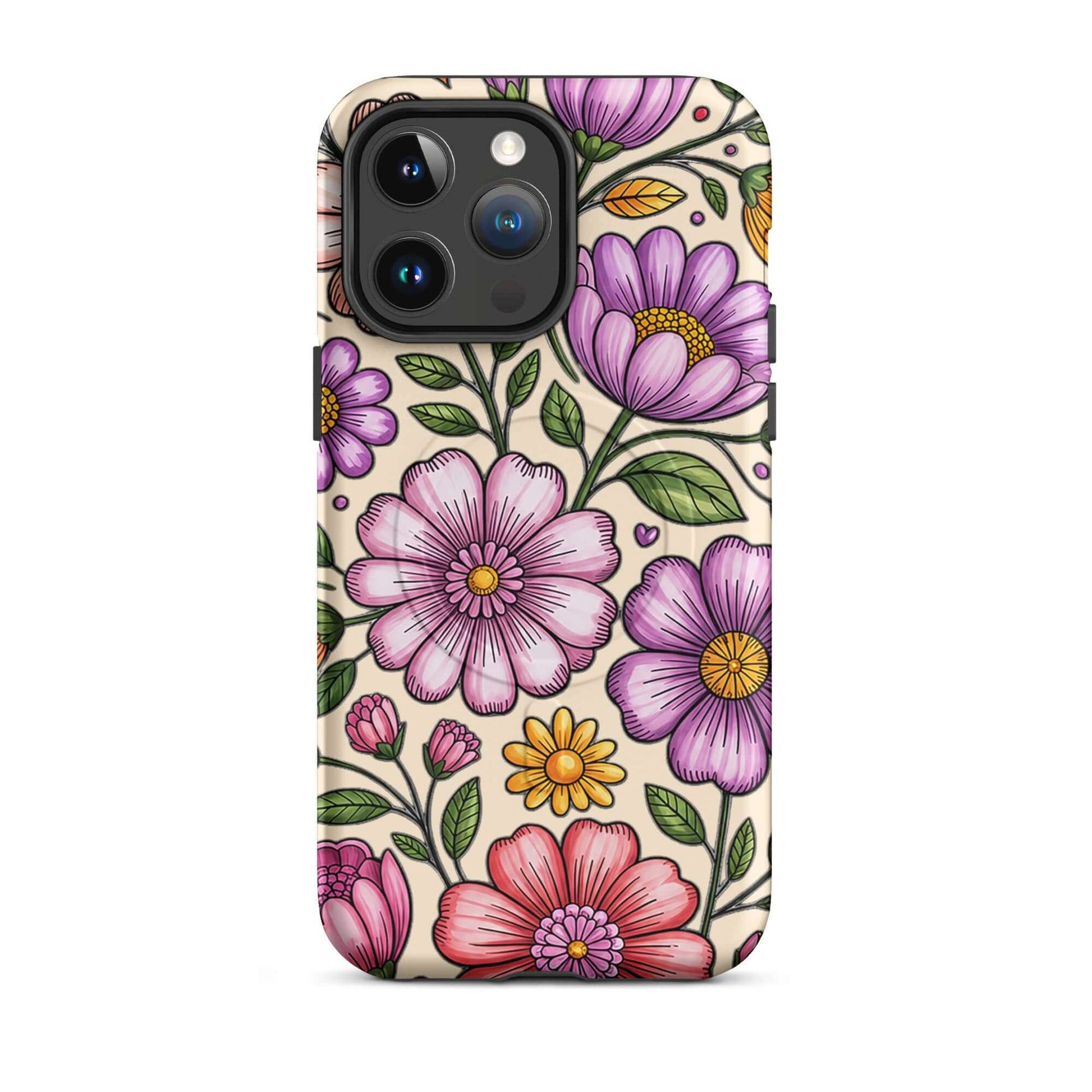 Magnetic Phone Case with pastel floral design featuring cheerful pink and purple blooms, ideal for impact resistance and everyday elegance.