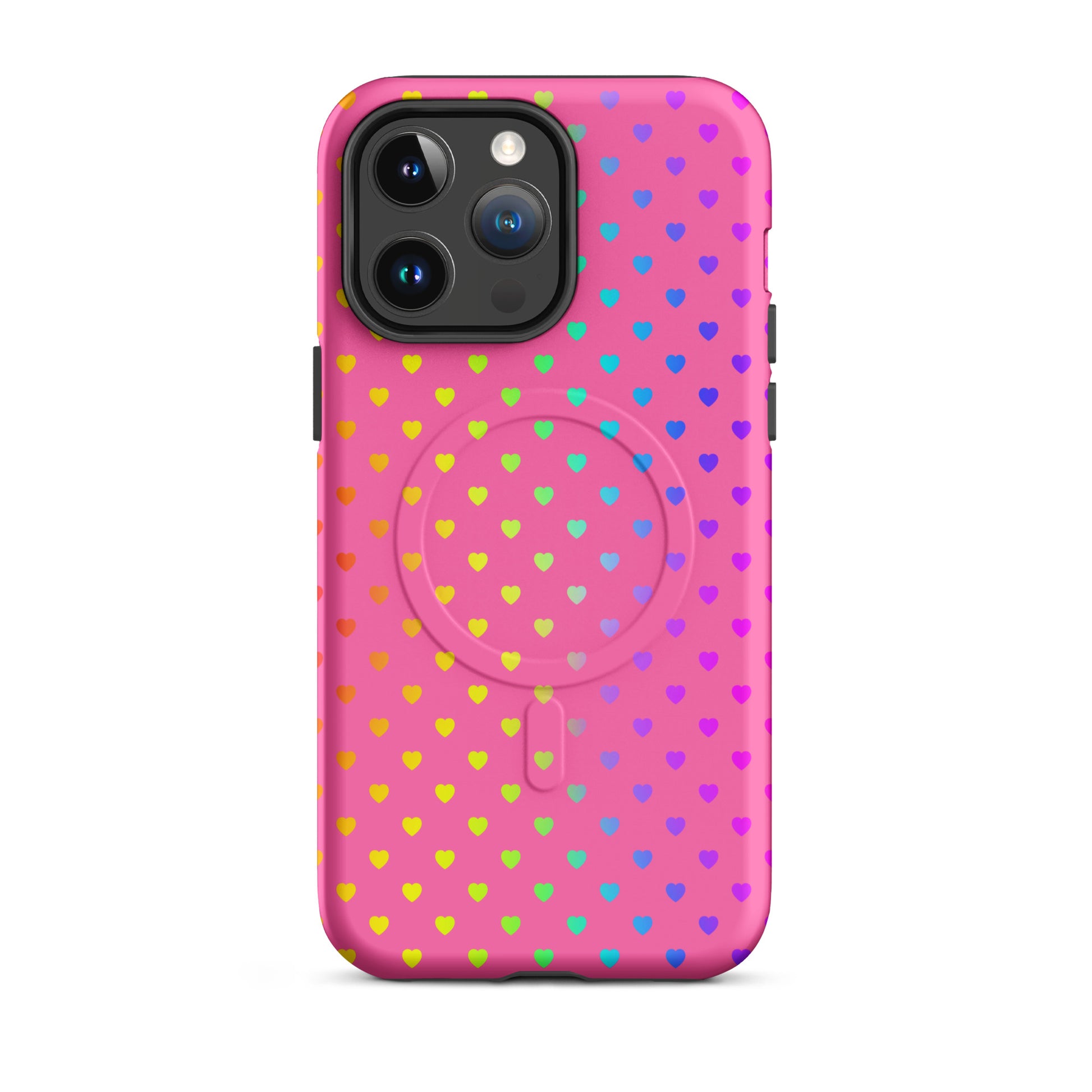 Magnetic Phone Case for iPhone with cute rainbow hearts on pink background, offering protection and style.