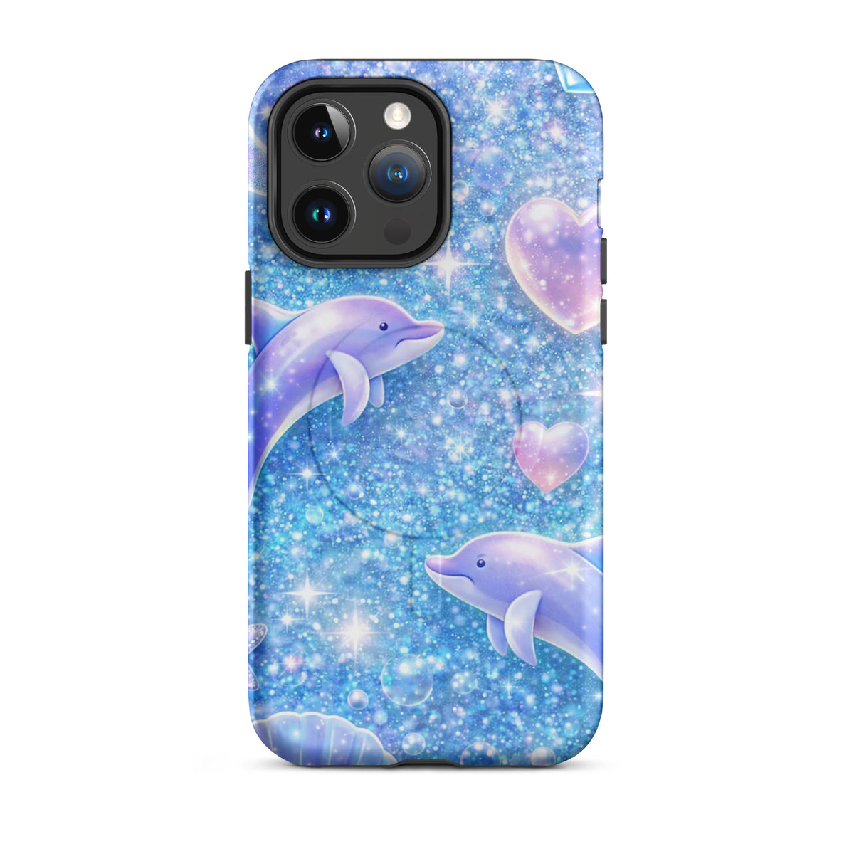 Magnetic Phone Case for iPhone with Ocean Glitter Dolphins design featuring floating dolphins and sparkling elements.