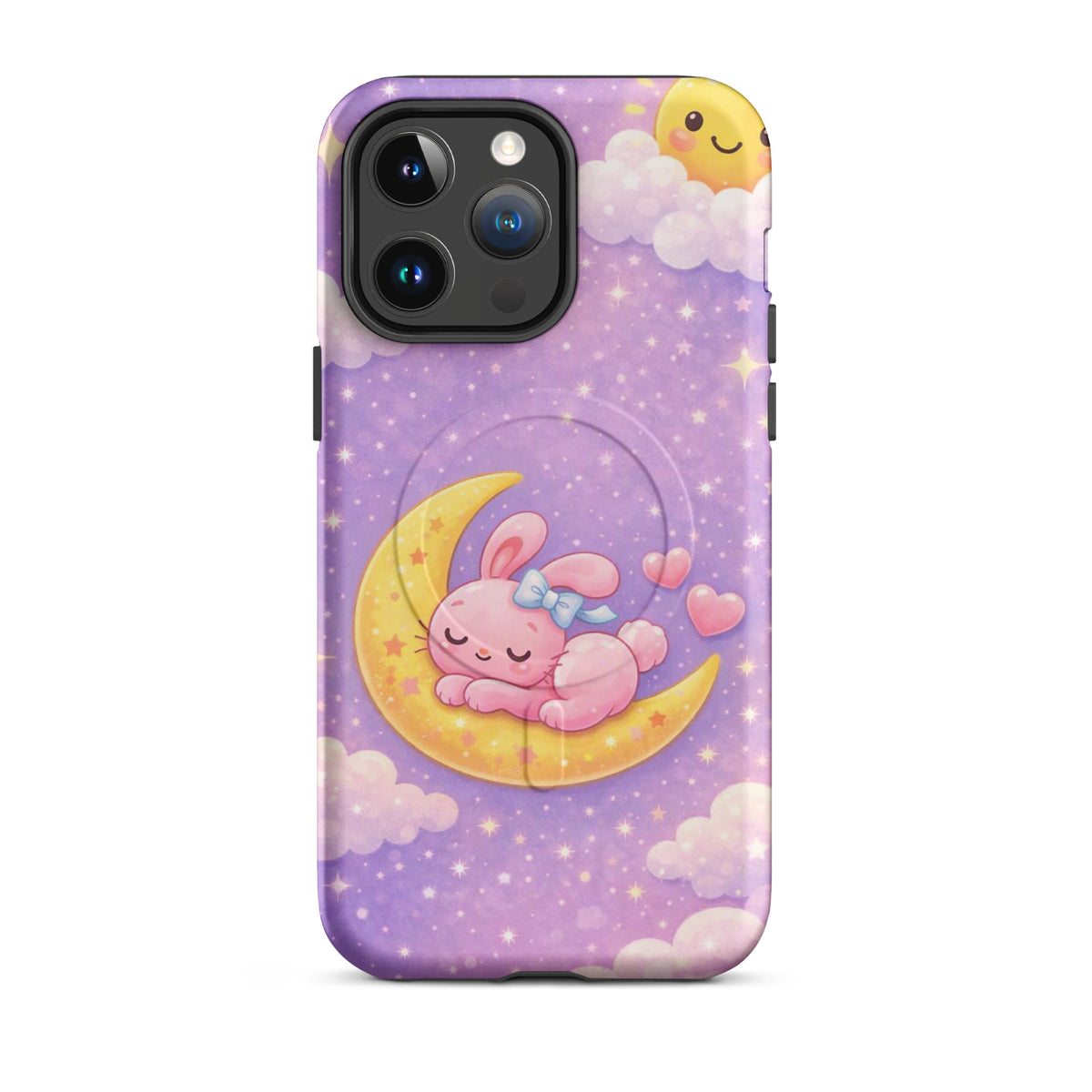 Magnetic Phone Case with dreamy bunny moon design, featuring a pink bunny on a crescent moon against a pastel sky for iPhone.