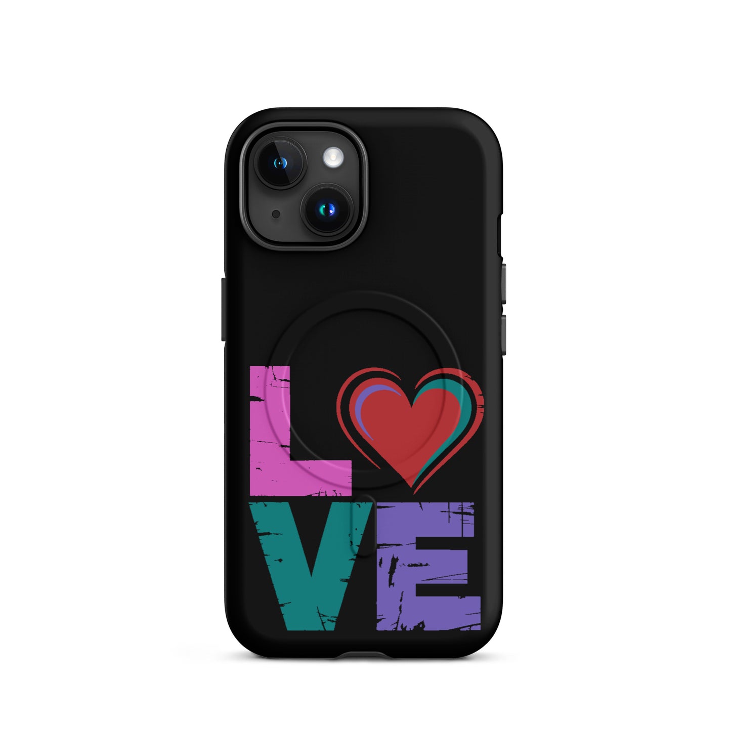 Love Magnetic Dual-Layer Tough Case for iPhone featuring colorful love design on a black background