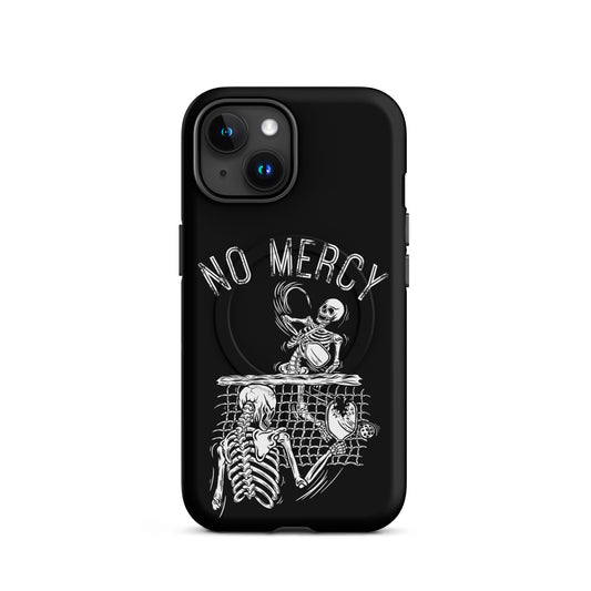 Pickleball iPhone magnetic case featuring skeletons and the phrase 'No Mercy' for aggressive players.