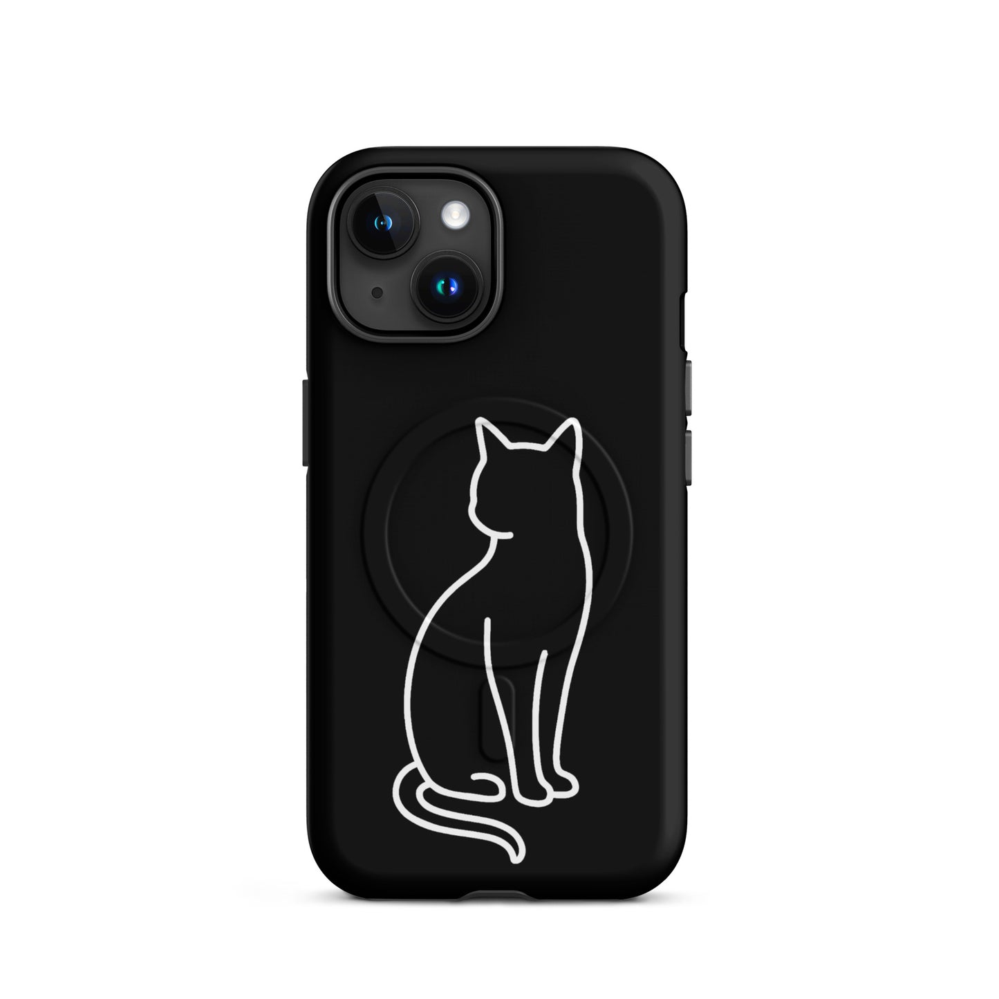 Magnetic Phone Case with stylish cat design, featuring minimalist cat outline on a sleek black background.