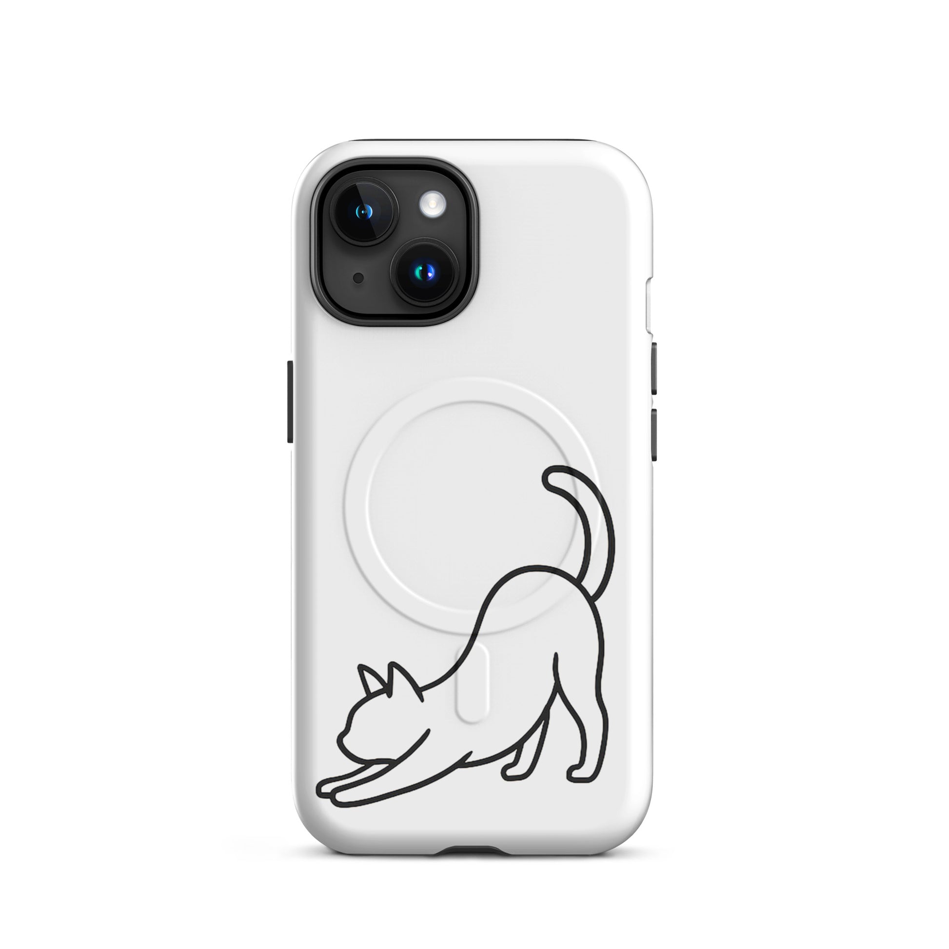 Magnetic Phone Case featuring a minimalist stretching cat design on a sleek white background