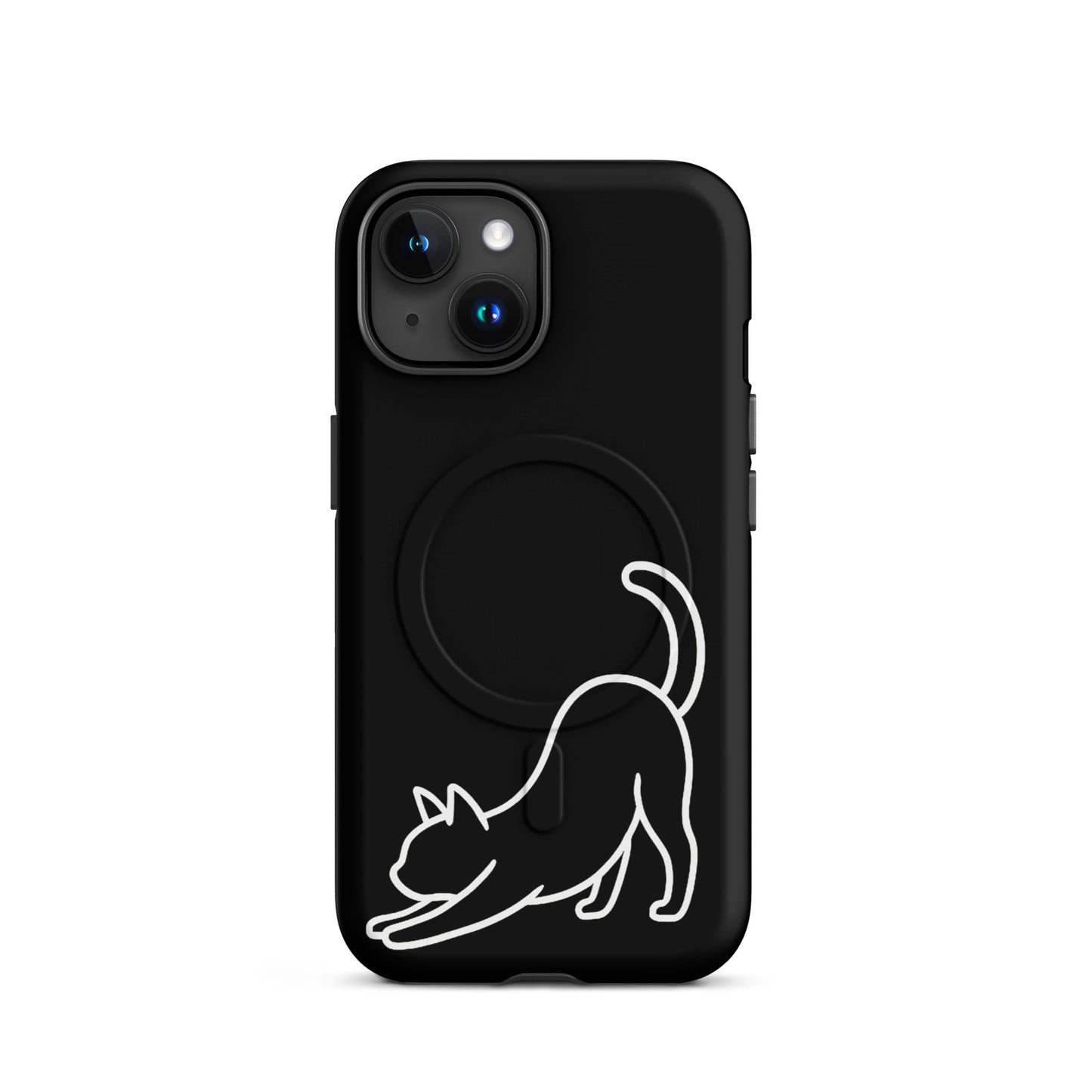 Magnetic Phone Case featuring a minimalist stretching cat design on a sleek black background.