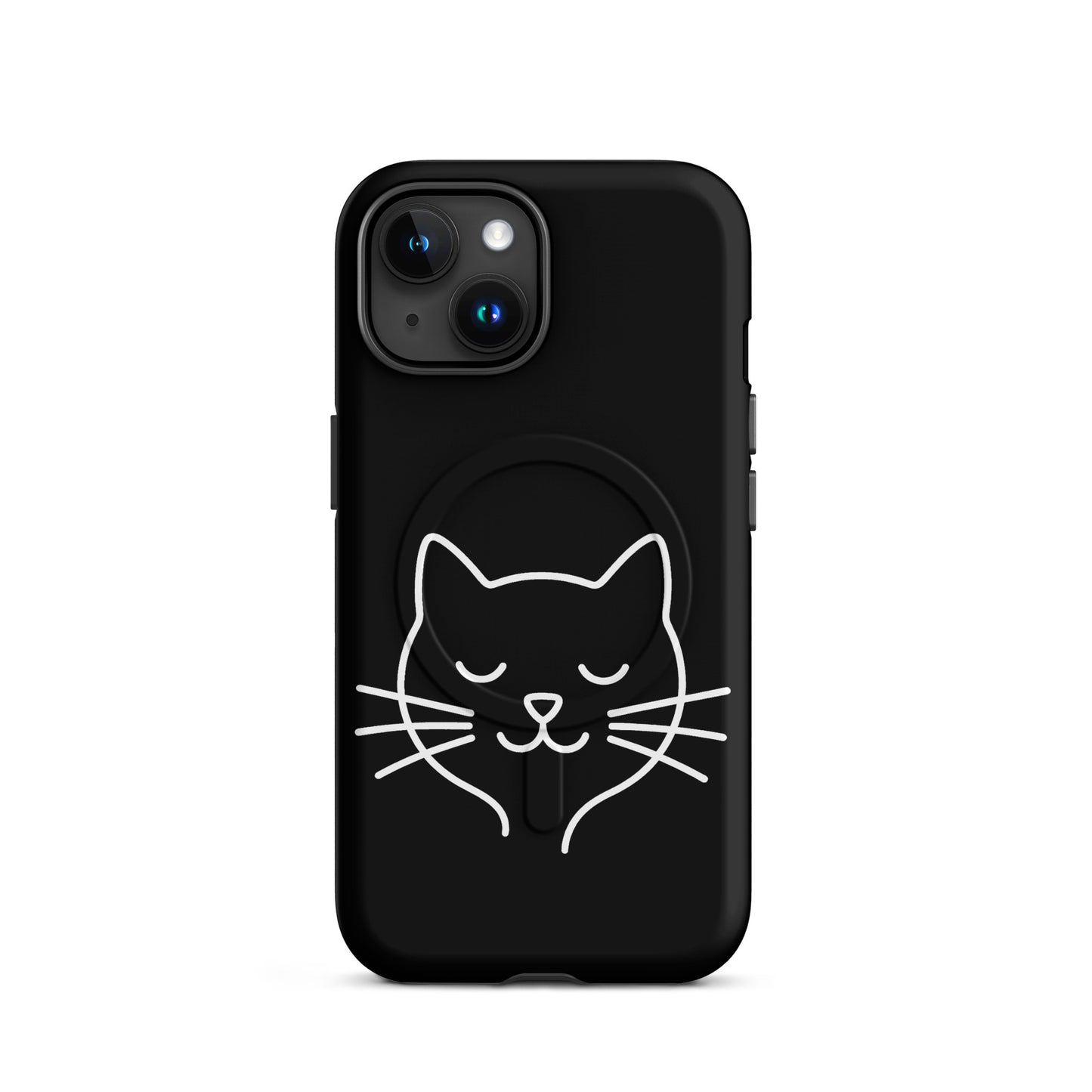 Magnetic Phone Case for iPhone featuring cute minimalist cat line art design on a black background.