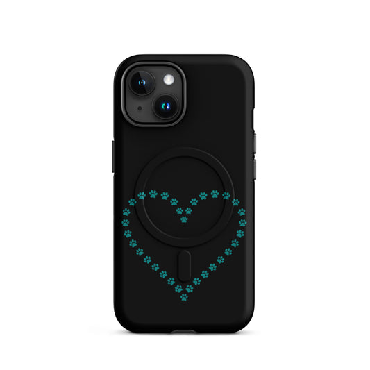 Magnetic Phone Case for iPhone featuring a heart made of teal paw prints on a black background.