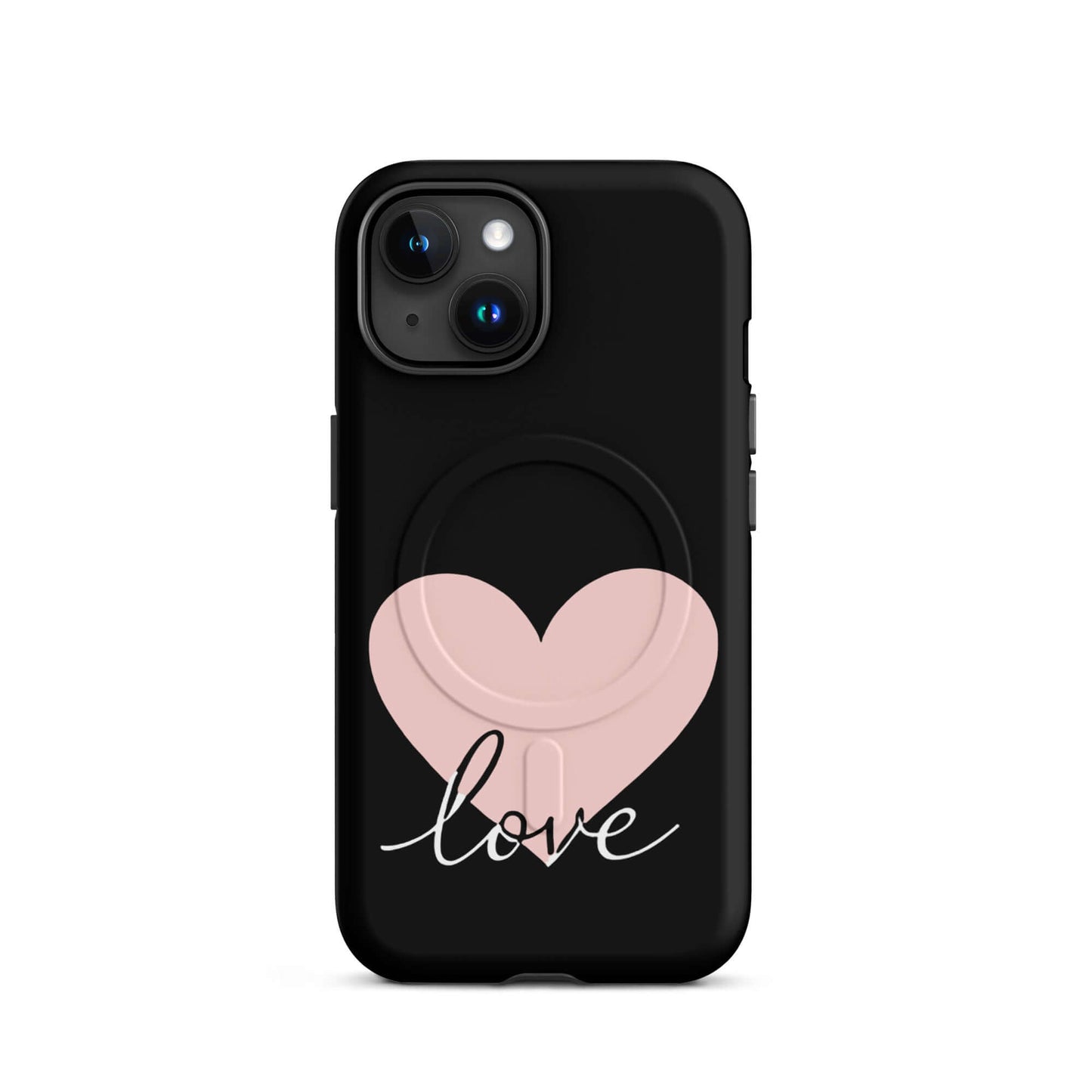 Magnetic Phone Case for iPhone featuring a pink heart and script 'love' design on a black background.