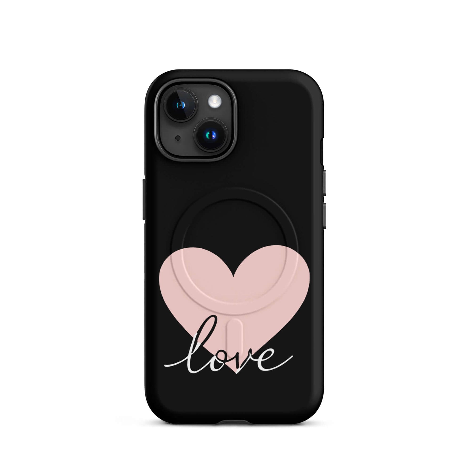 Magnetic Phone Case for iPhone featuring a pink heart and script 'love' design on a black background.