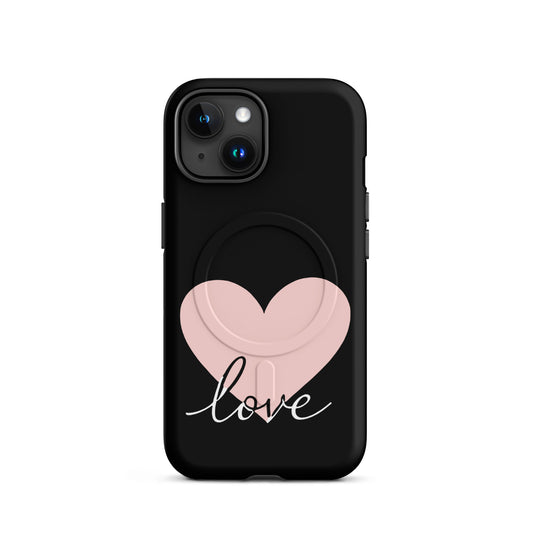 Magnetic Phone Case for iPhone featuring a pink heart and script 'love' design on a black background.