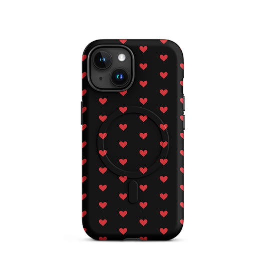 Magnetic Phone Case for iPhone featuring a pattern of fiery red hearts on a black background.