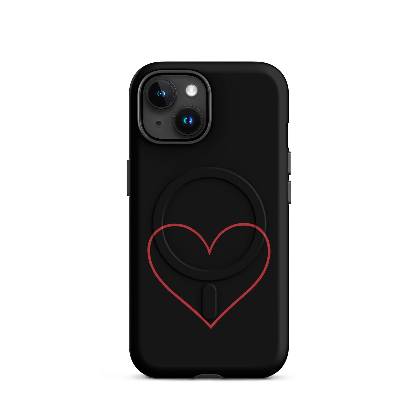 Magnetic Phone Case for iPhone with minimalist crimson heart design on a sleek black background.