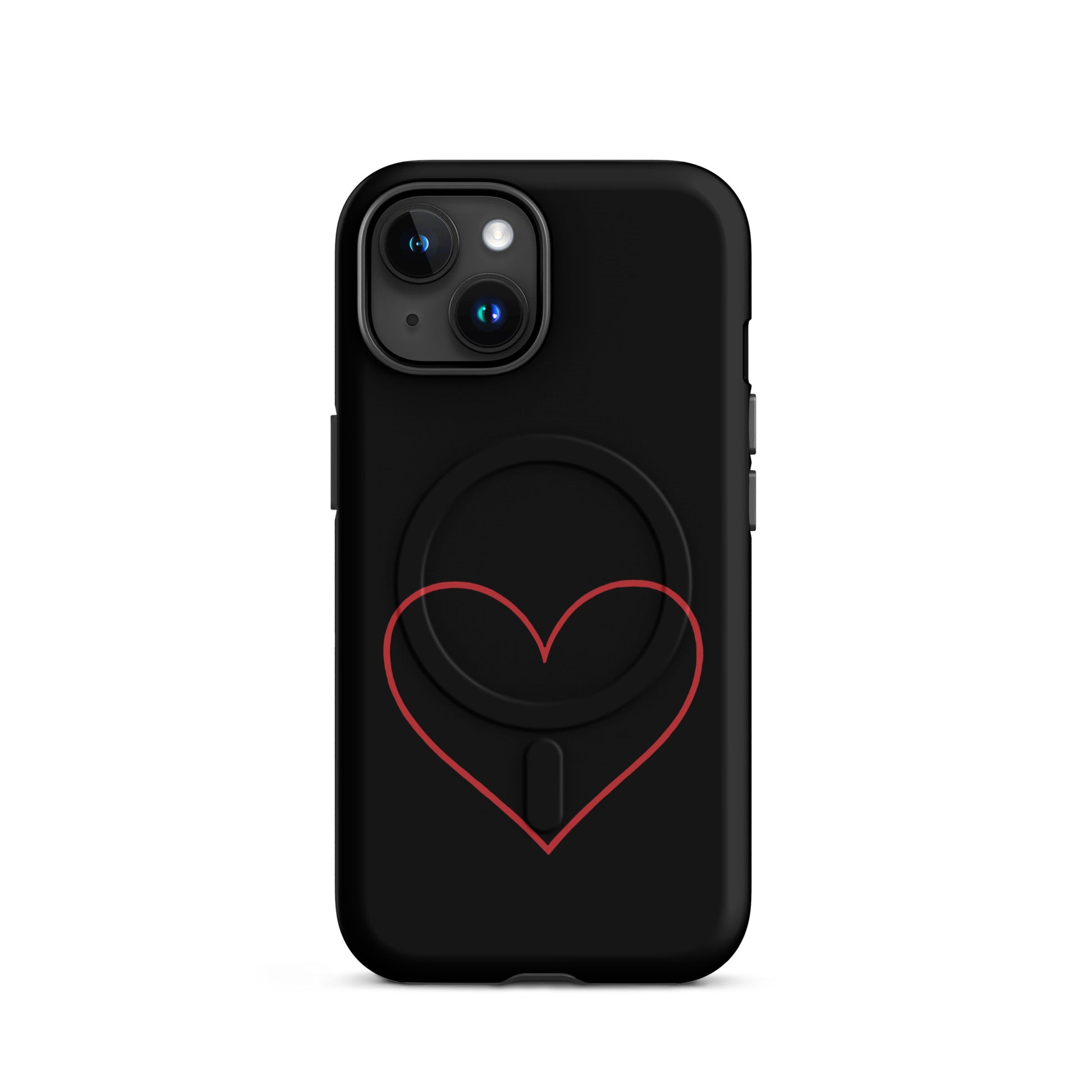 Magnetic Phone Case for iPhone with minimalist crimson heart design on a sleek black background.