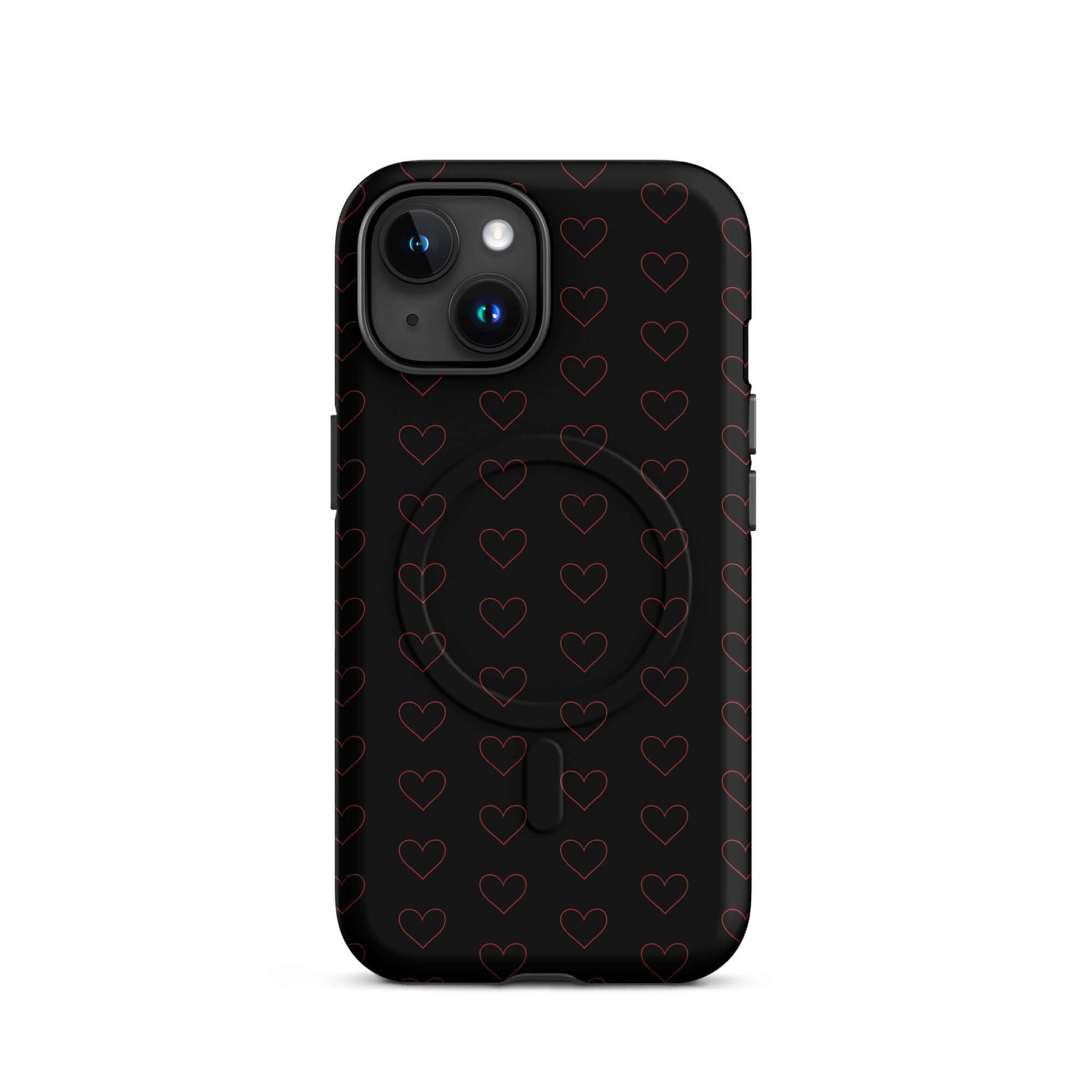 Magnetic Phone Case with a luxe crimson heart pattern on a sleek black background