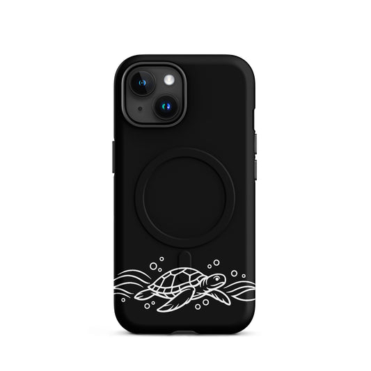 Magnetic Phone Case for iPhone featuring a minimalist sea turtle design with waves and bubbles.