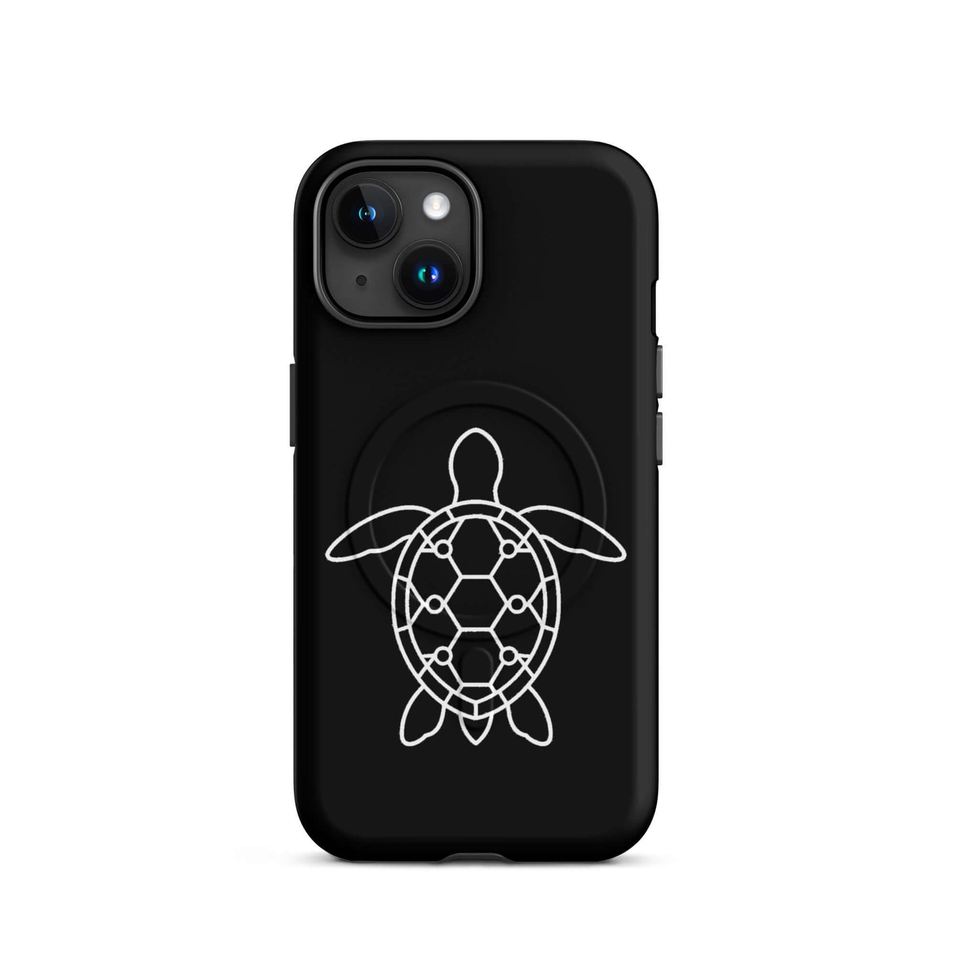 Magnetic Phone Case for iPhone featuring a minimalist sea turtle silhouette design on a black background.