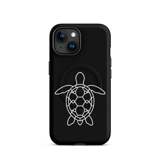 Magnetic Phone Case for iPhone featuring a minimalist sea turtle silhouette design on a black background.