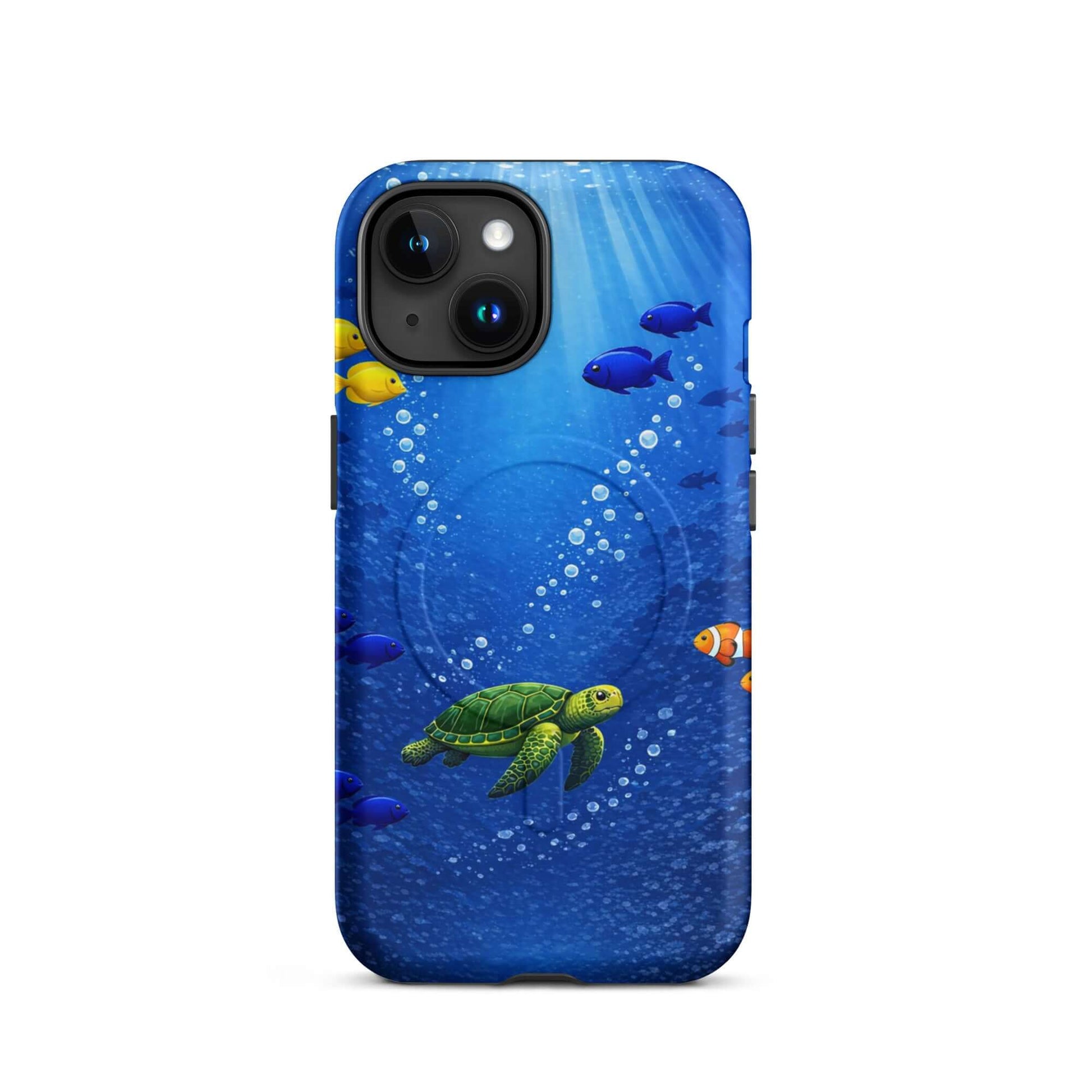 Magnetic Phone Case featuring a sea turtle design and colorful fish, perfect for iPhone.